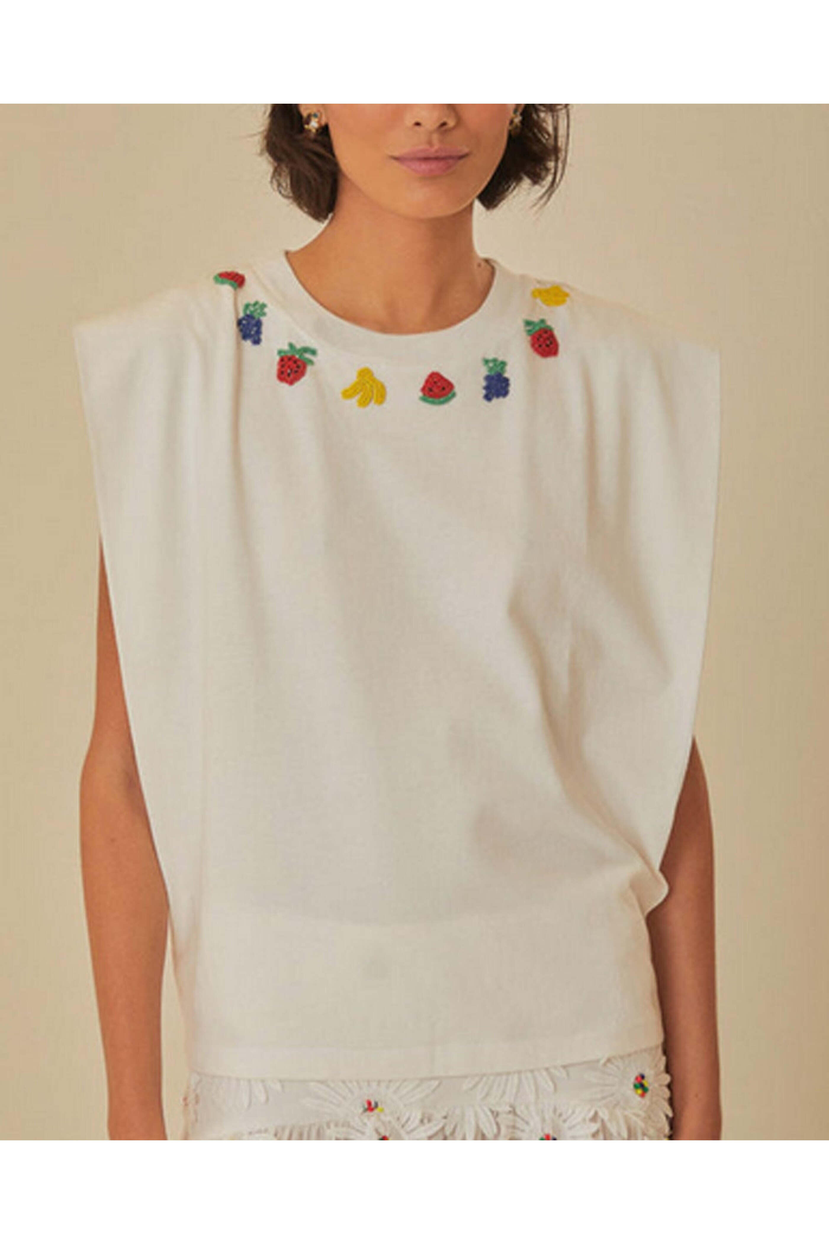 Farm Rio - White Beaded Fruit Embellished T-Shirt