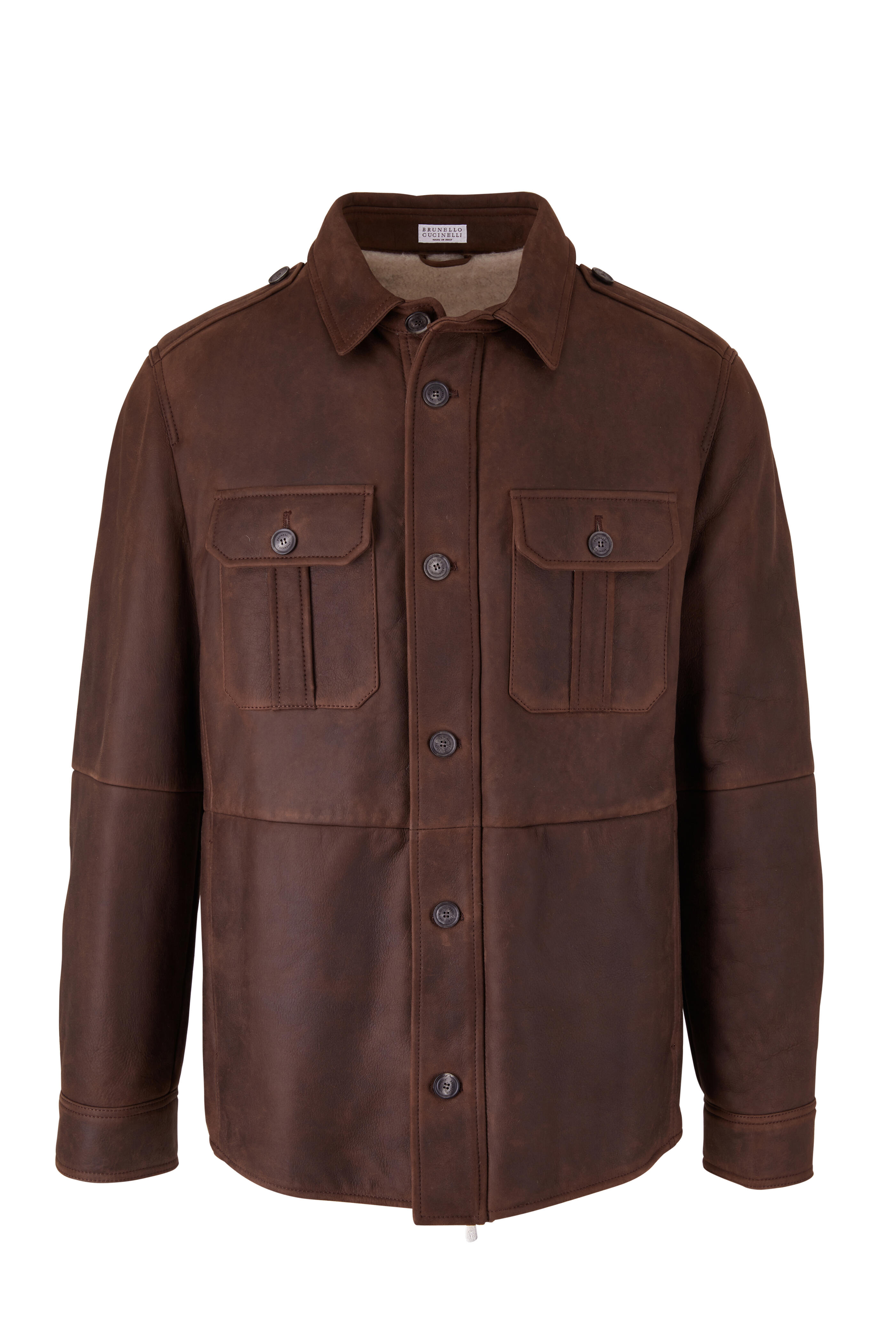 Brunello Cucinelli - Dark Brown Leather & Shearling Shirt Jacket