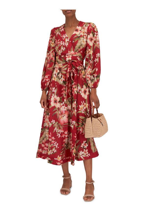 Zimmermann - Lexi Red Palm Floral Wrap Long Dress 