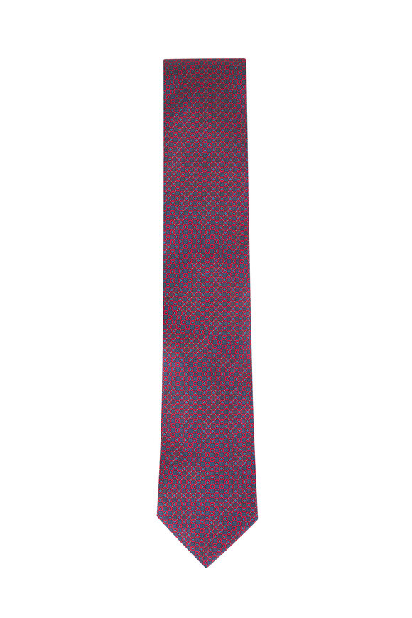 Brioni Red & Blue Micro Motif Print Silk Necktie - view 1