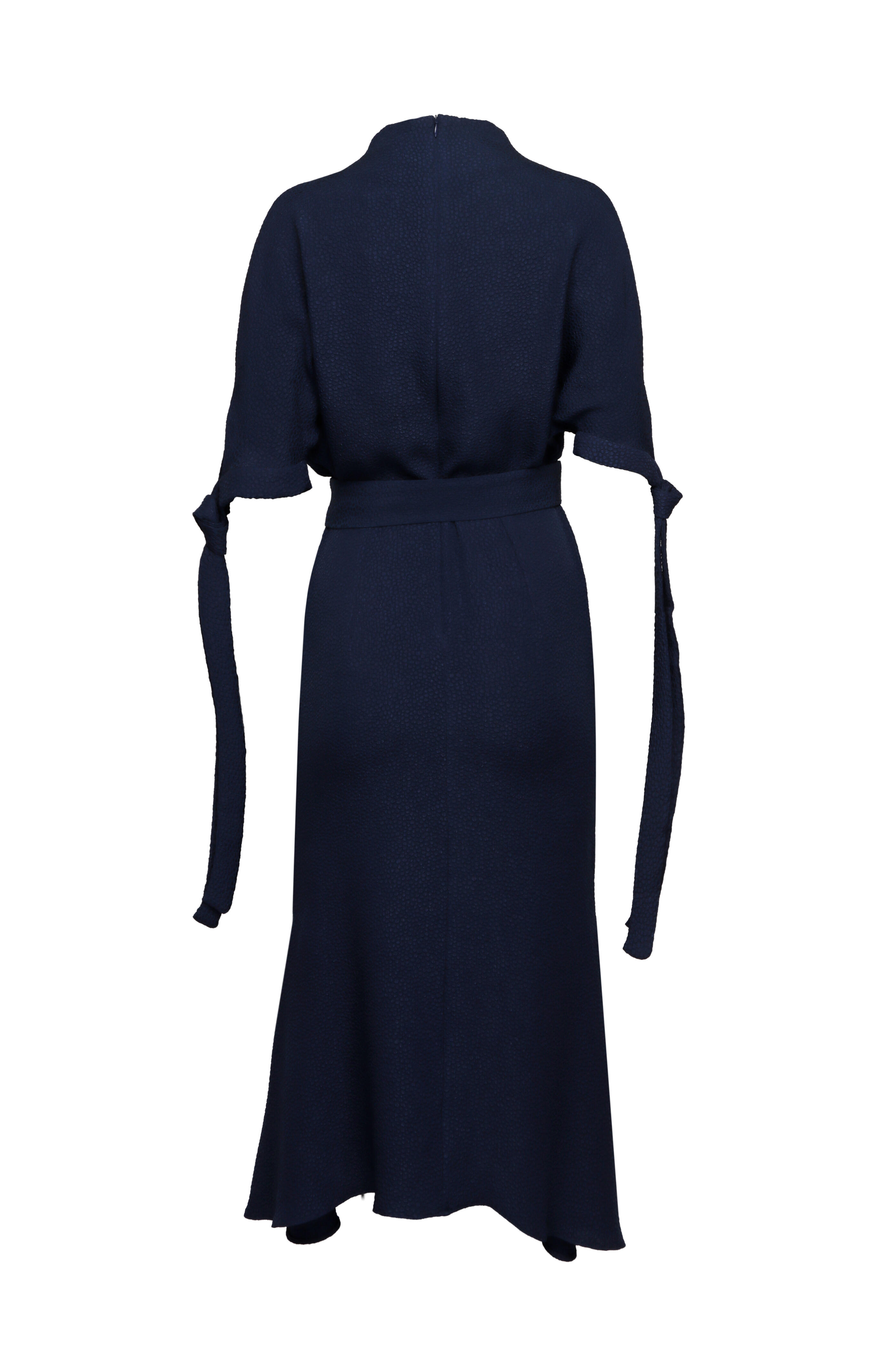 Edeline Lee - Pedernal Navy Flou Bubble Jacquard Belted Dress