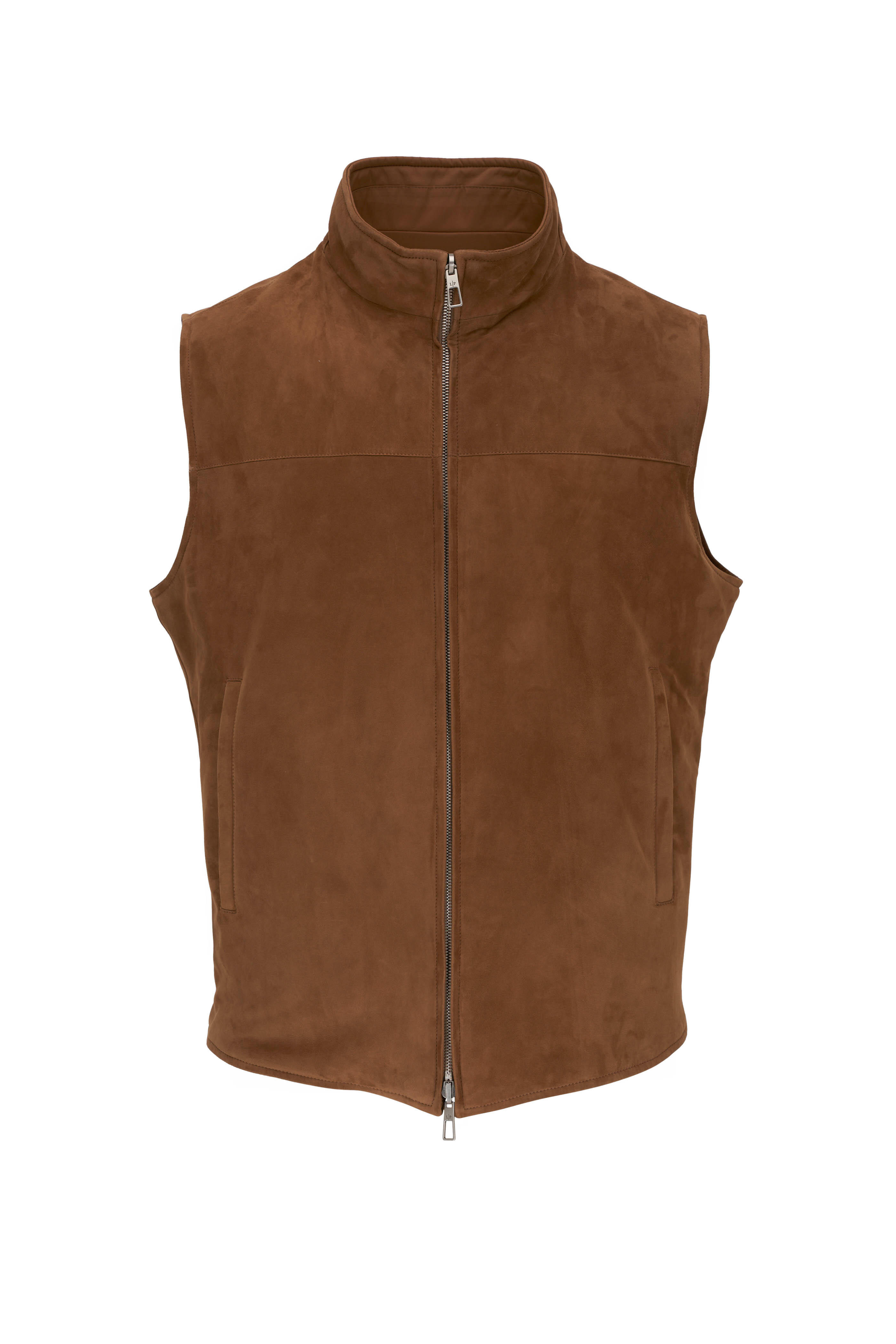 ★rolarola★ SUEDE SLEEVELESS ONEPIECE BEIGE Loro Piana - Marlin Reversible Tan Suede Vest | Mitchell Stores