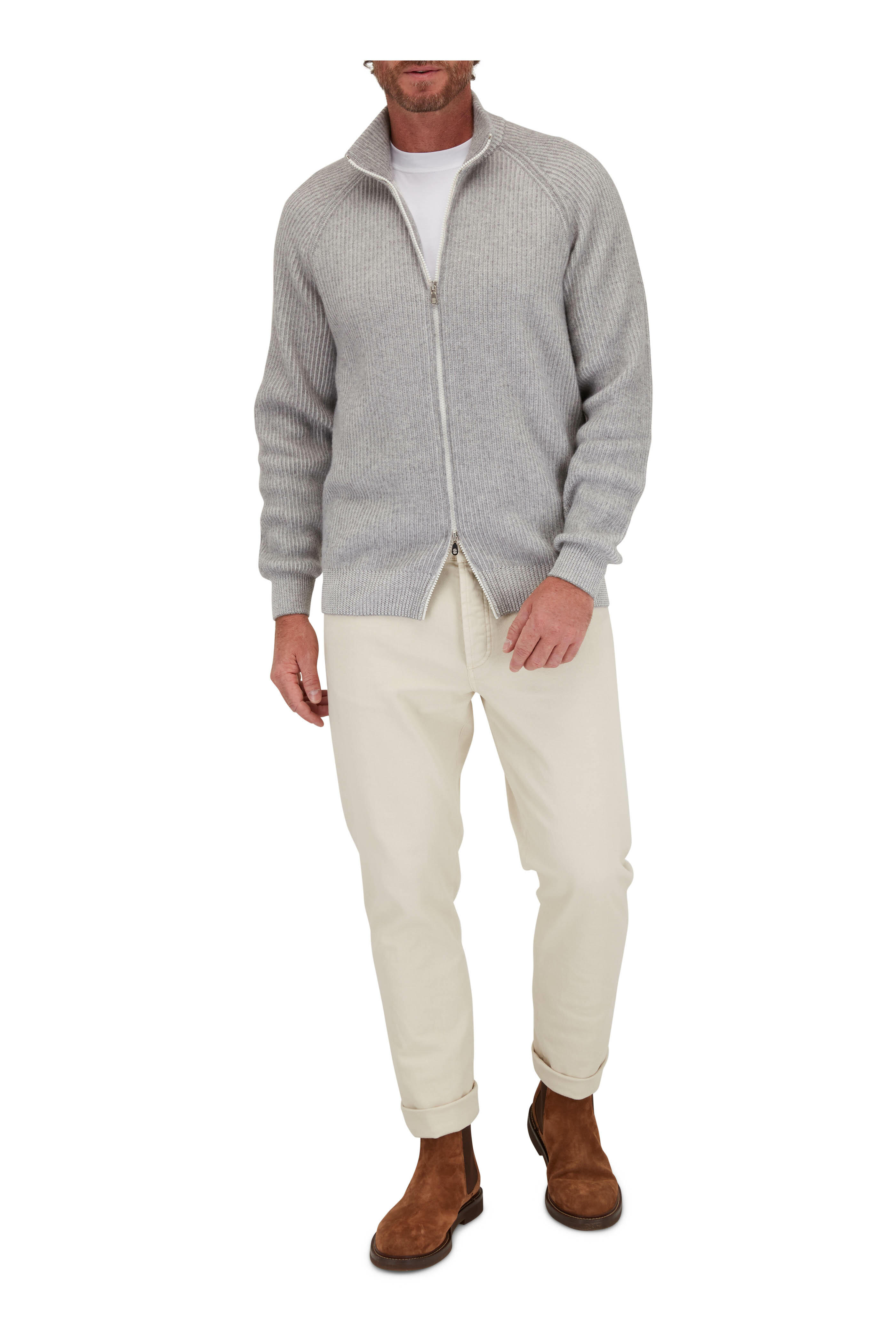 BRUNELLO CUCINELLI ヒル＆ハンフス Brunello Cucinelli - Gray Ribbed Cashmere Front Zip Sweater