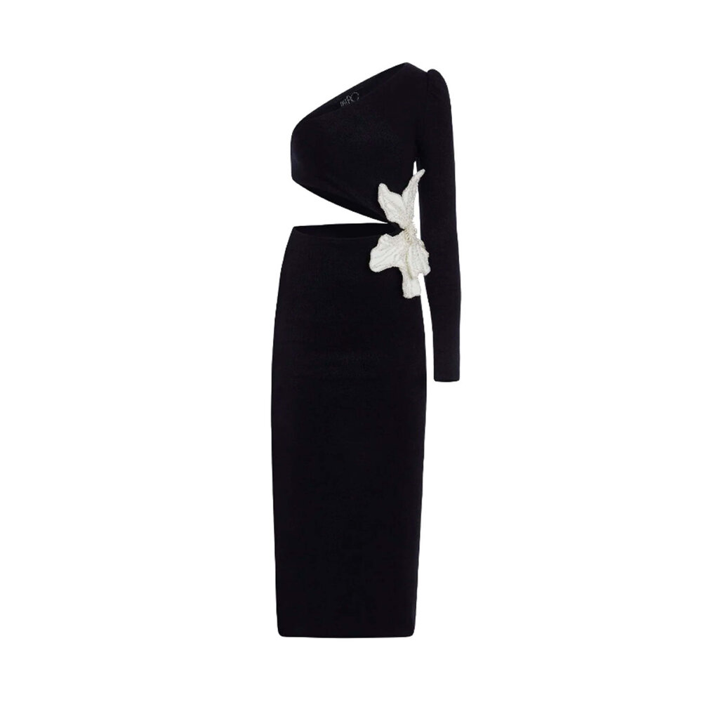 Patbo - Black Single Shoulder Beaded Floral Midi Dress