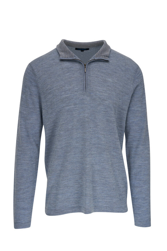 Patrick Assaraf - Dusky Blue Merino Wool Quarter Zip Pullover