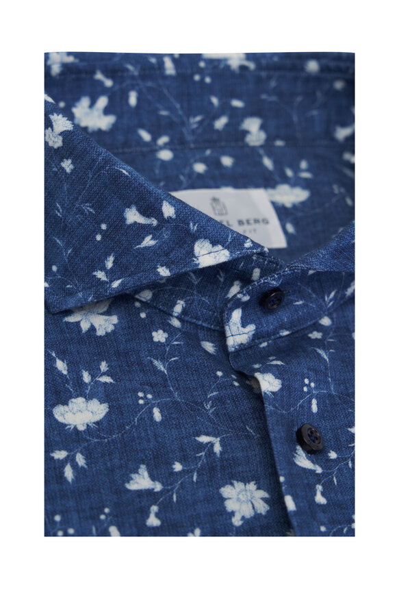 Emanuel Berg - Dark Blue Floral Print Jersey Button Down