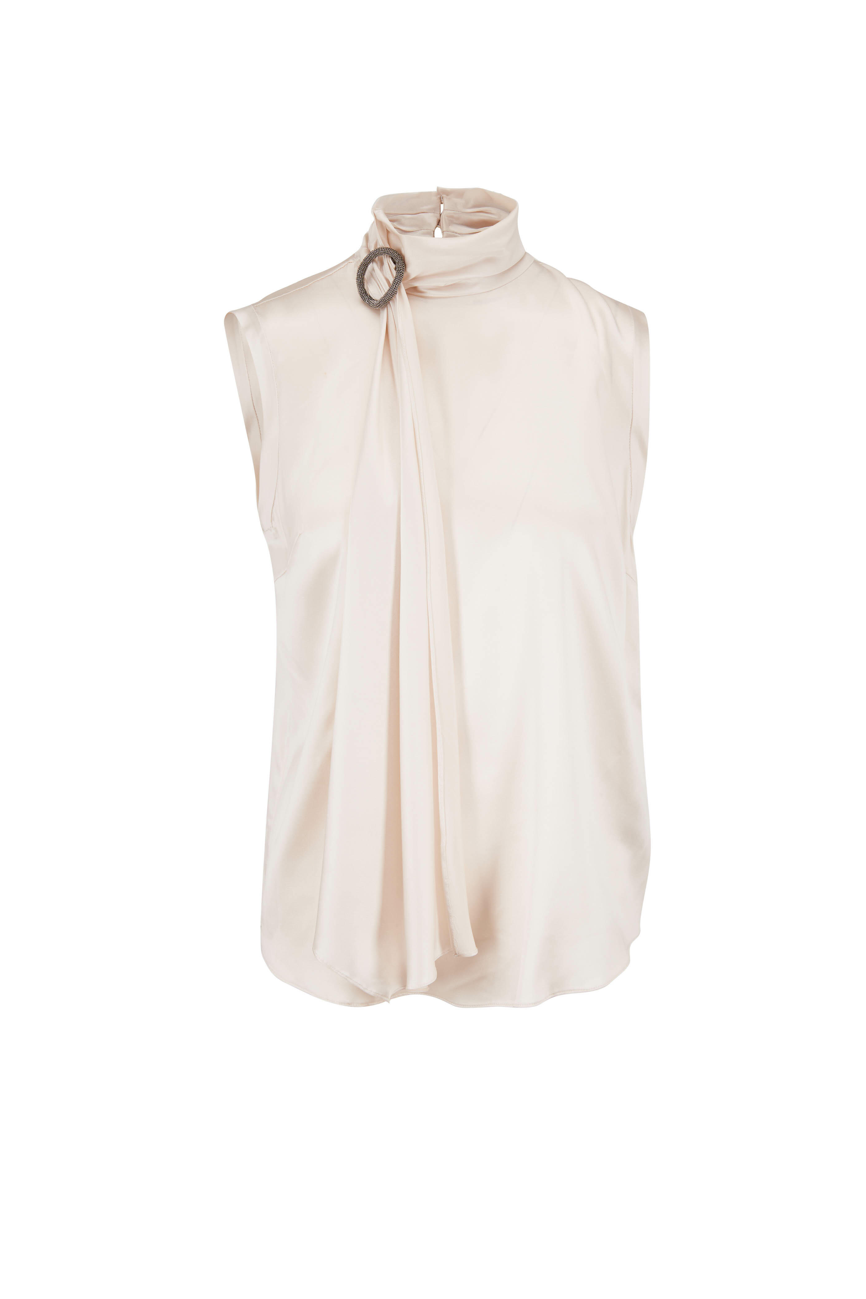Brunello Cucinelli - Vanilla Satin High Tie-Neck Sleeveless Blouse