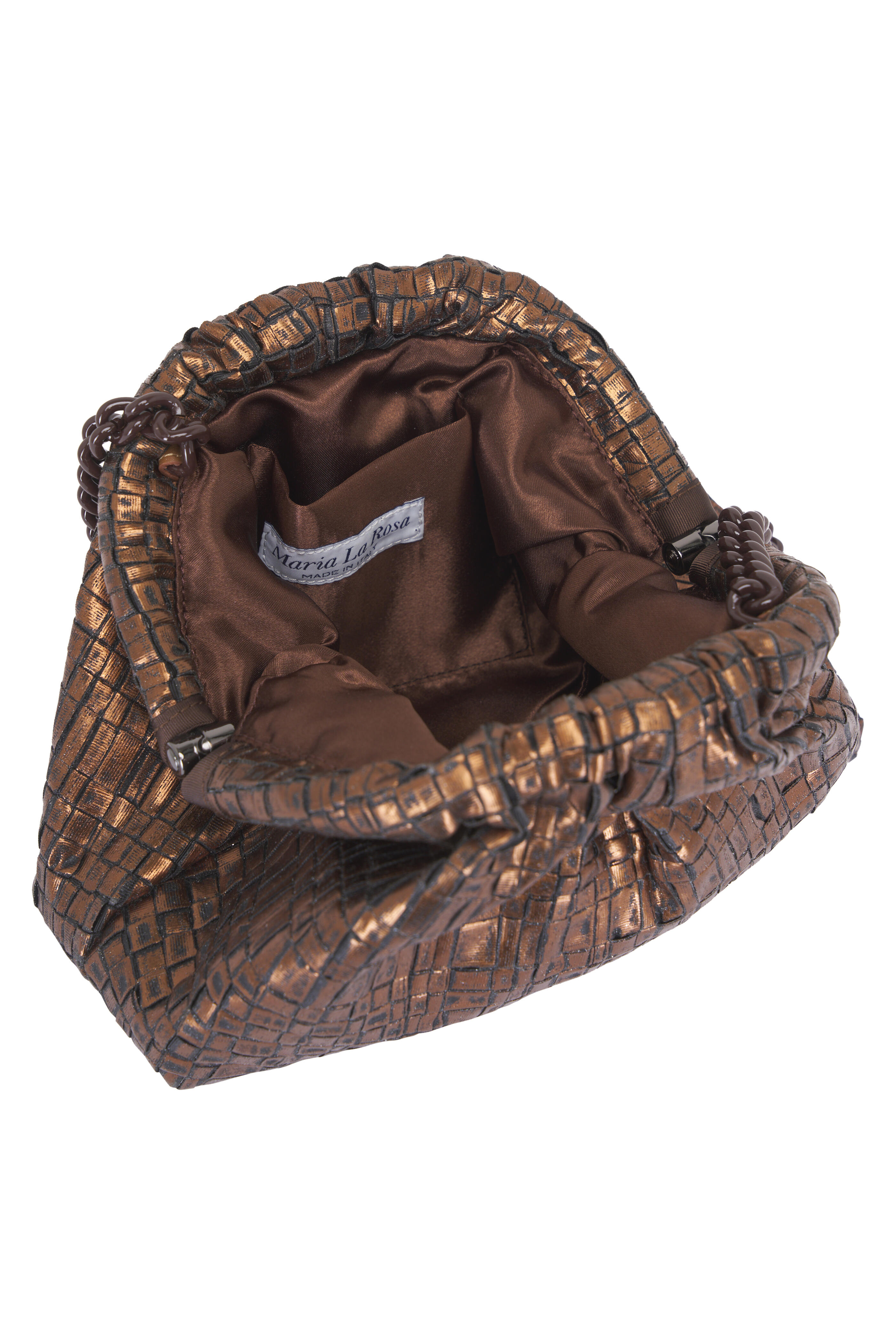 Maria La Rosa - Mini Game Bronze Laminated Woven Ribbon Clutch