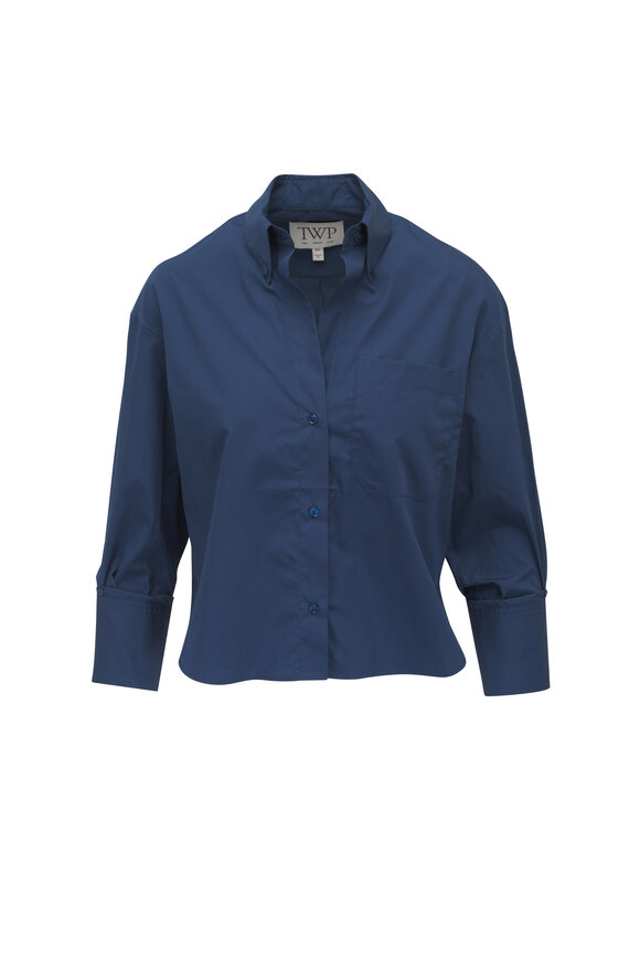 新品◯NEAU◯volume sleeve blouse (dark navy) Short Puff Sleeve Popover Top - Oxford Navy Solids | NYDJ