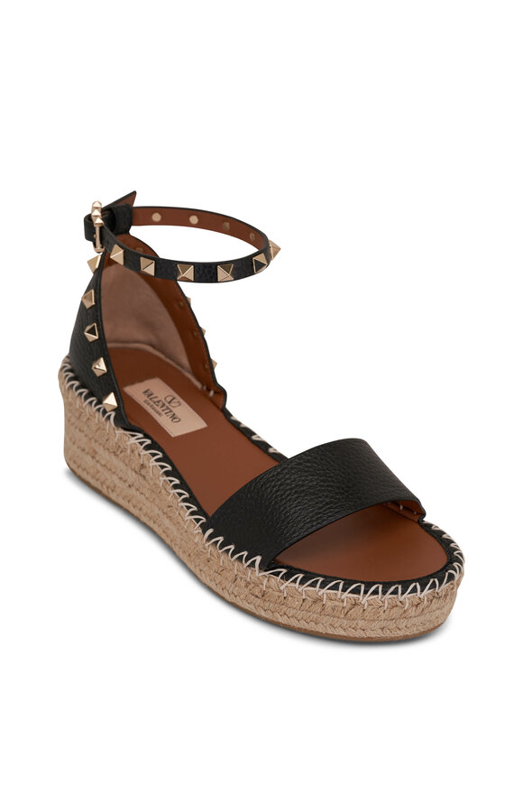 Valentino Garavani Black Leather Raffia Rockstud Espadrille Flatform