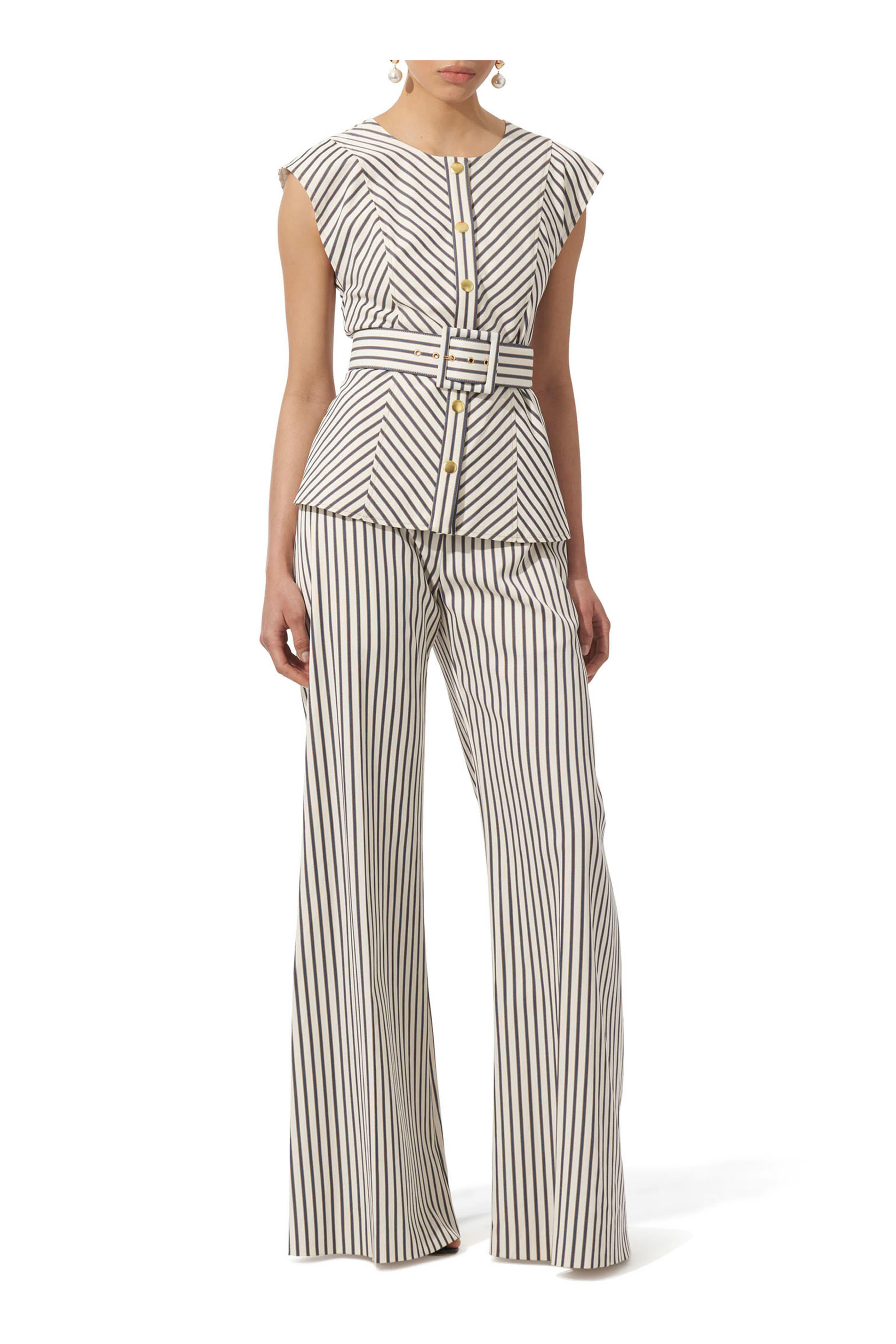 Carolina Herrera - Blue & Ecru Striped Twill Wide-Leg Pant
