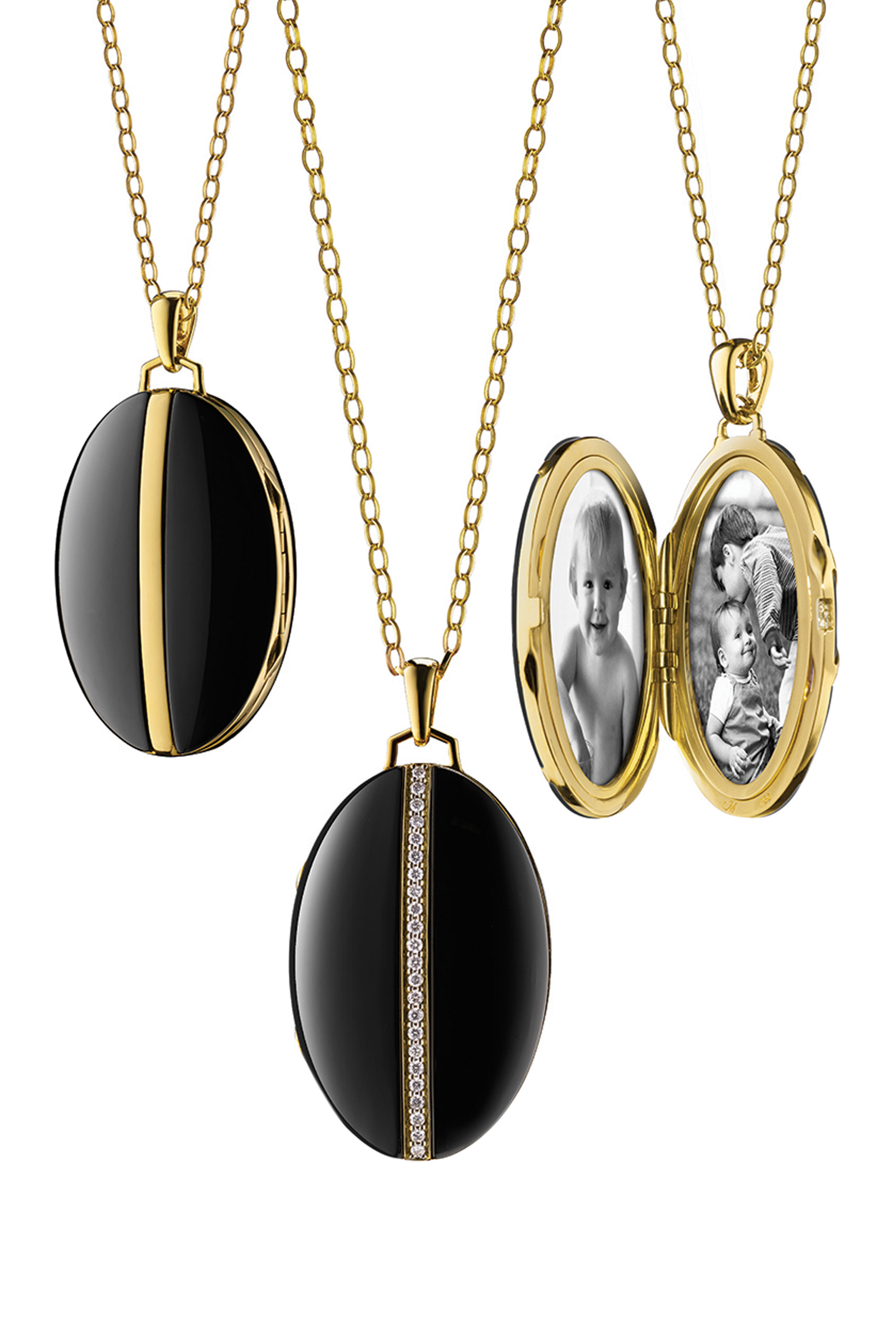 Monica Rich Kosann Locket - Necklace Ceramic Oval Diamond Stripe Black
