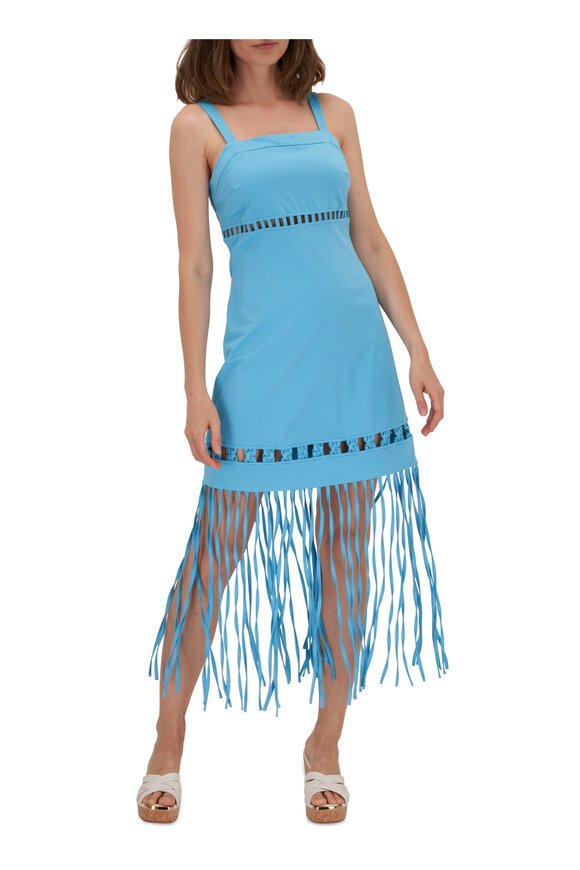 Jonathan Simkhai - Effy Blue Sateen Fringe Hem Dress