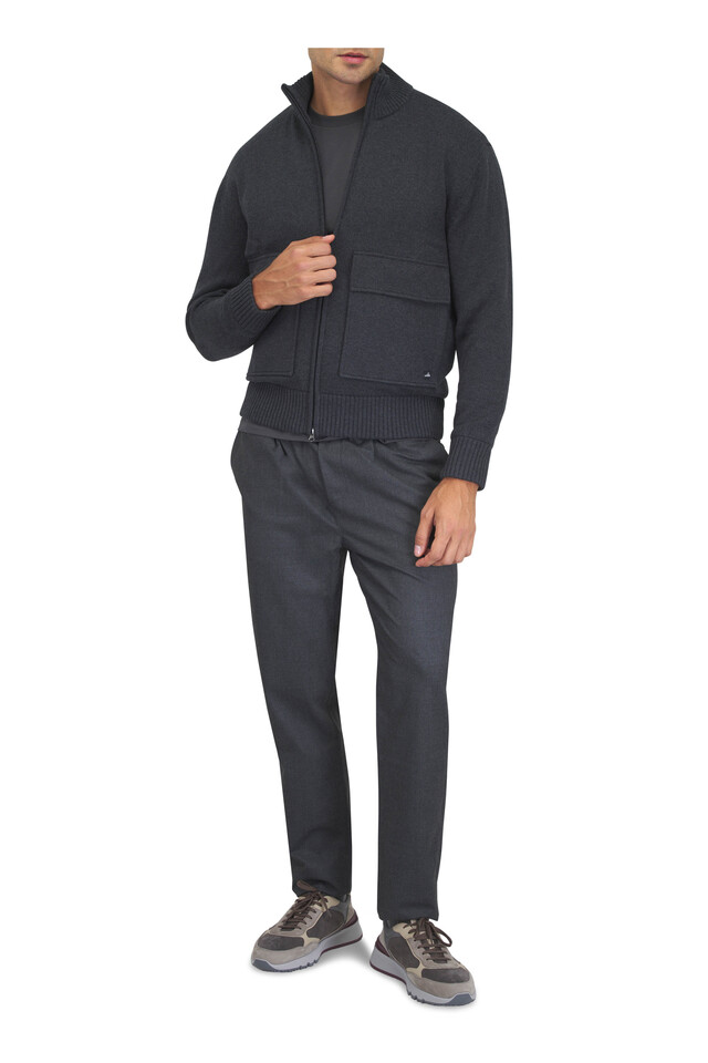 WAHTS outfit featuring Anthracite Cotton & Wool Full Zip Padded Jacket, Anthracite Soft Wool Pleated Comfort Chino and 1 other piece