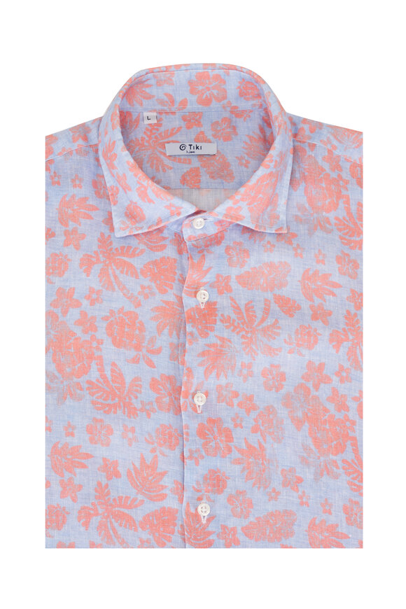 Tiki Blue & Orange Floral Print Linen Sport Shirt