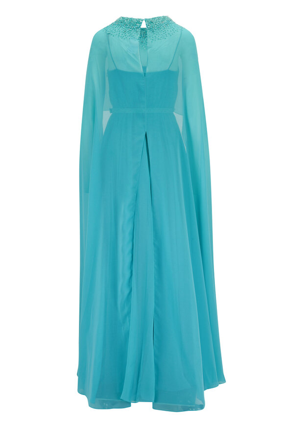 Sachin + Babi - Lavinia Bahama Blue Chiffon Cape Gown 