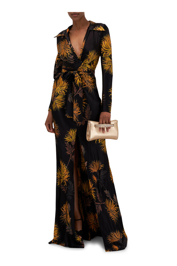 Black fashion and gold wrap dress