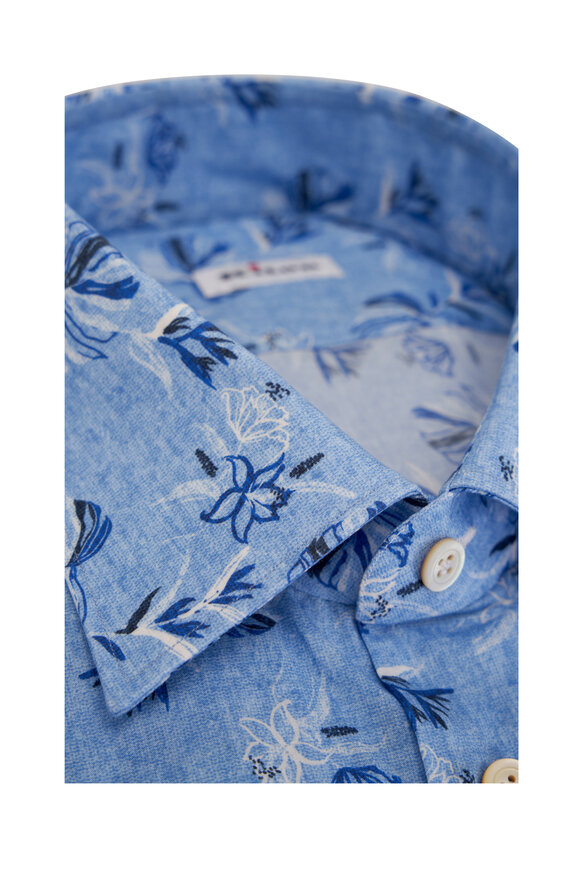 Kiton - Blue Floral Leaf Print Woven Cotton Sport Shirt 