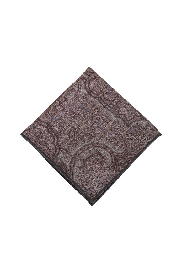 Brunello Cucinelli Gray Paisley Print Silk Pocket Square