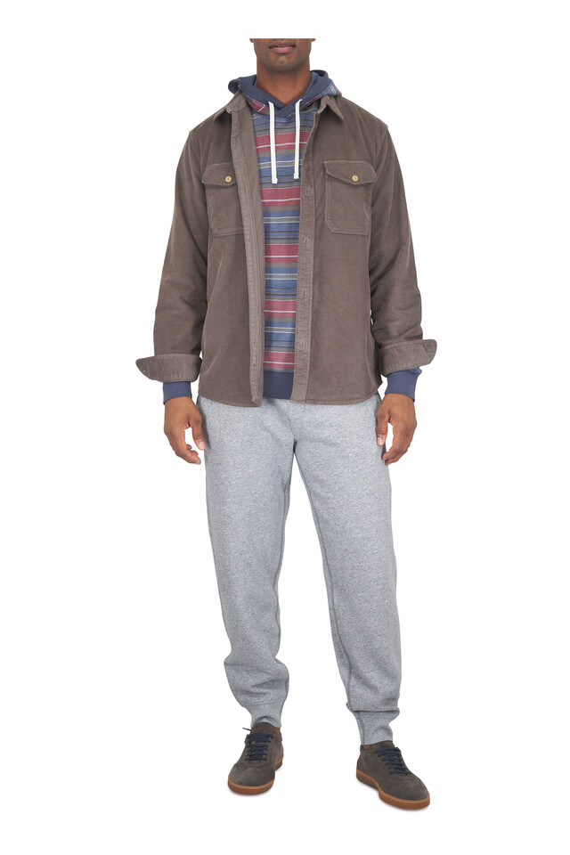 Designer outfit featuring Fiorano Brown Suede Low Top Sneaker, Byron Bay Nighttime Cherry Stripe Hoodie and 1 other piece