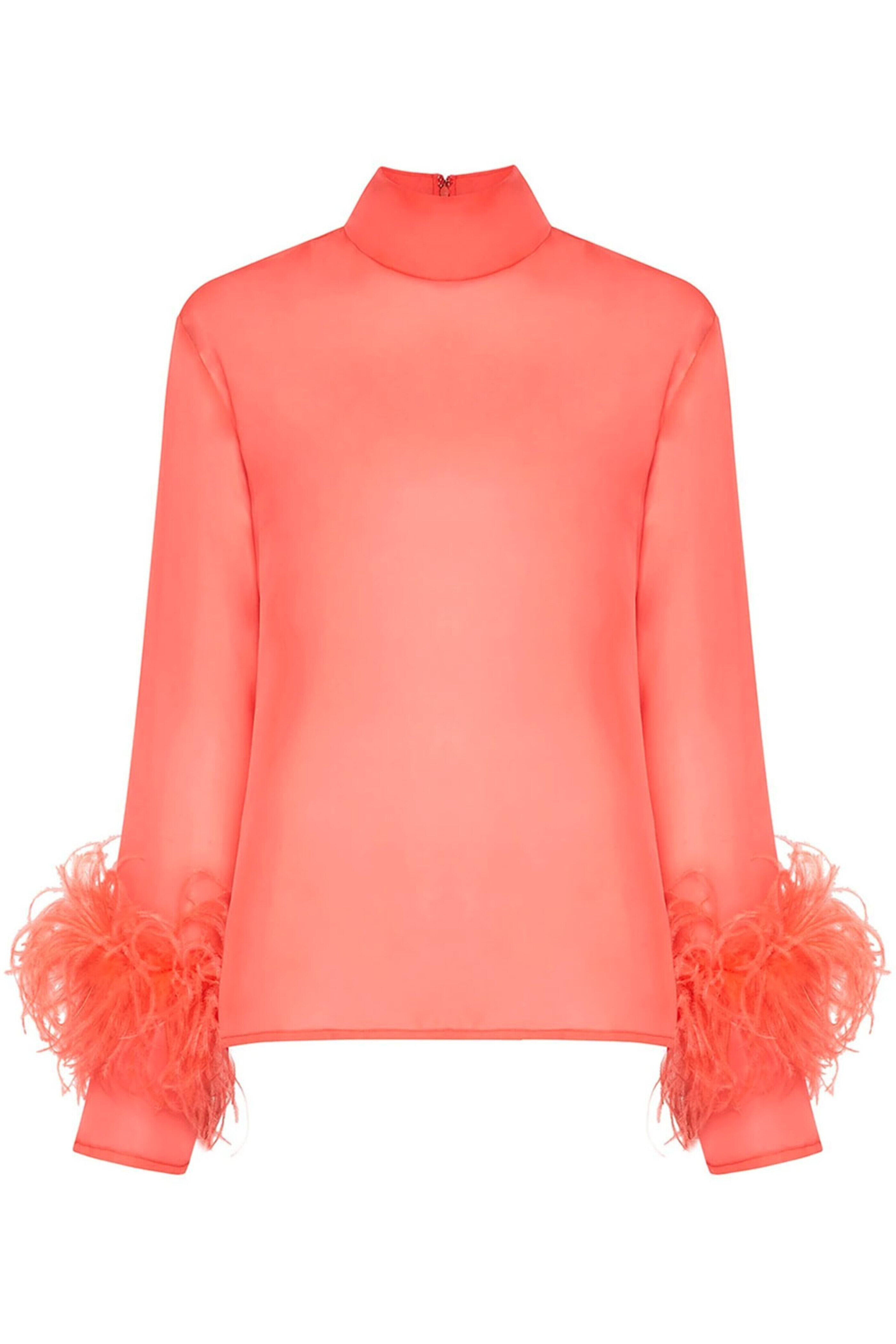 LaPointe - Hot Coral High Neck Organza Top with Feathers