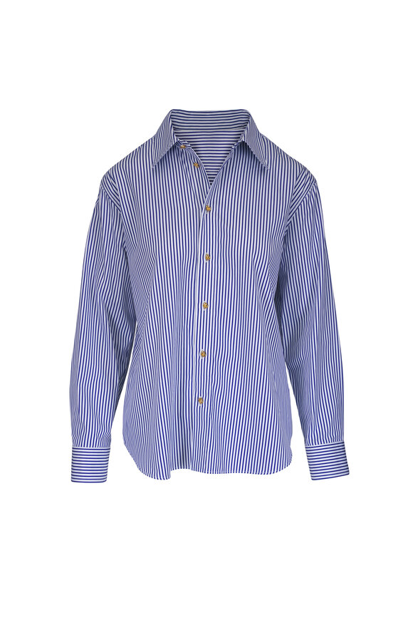 Bottega Veneta White & Navy Pinstripe Cotton Poplin Shirt