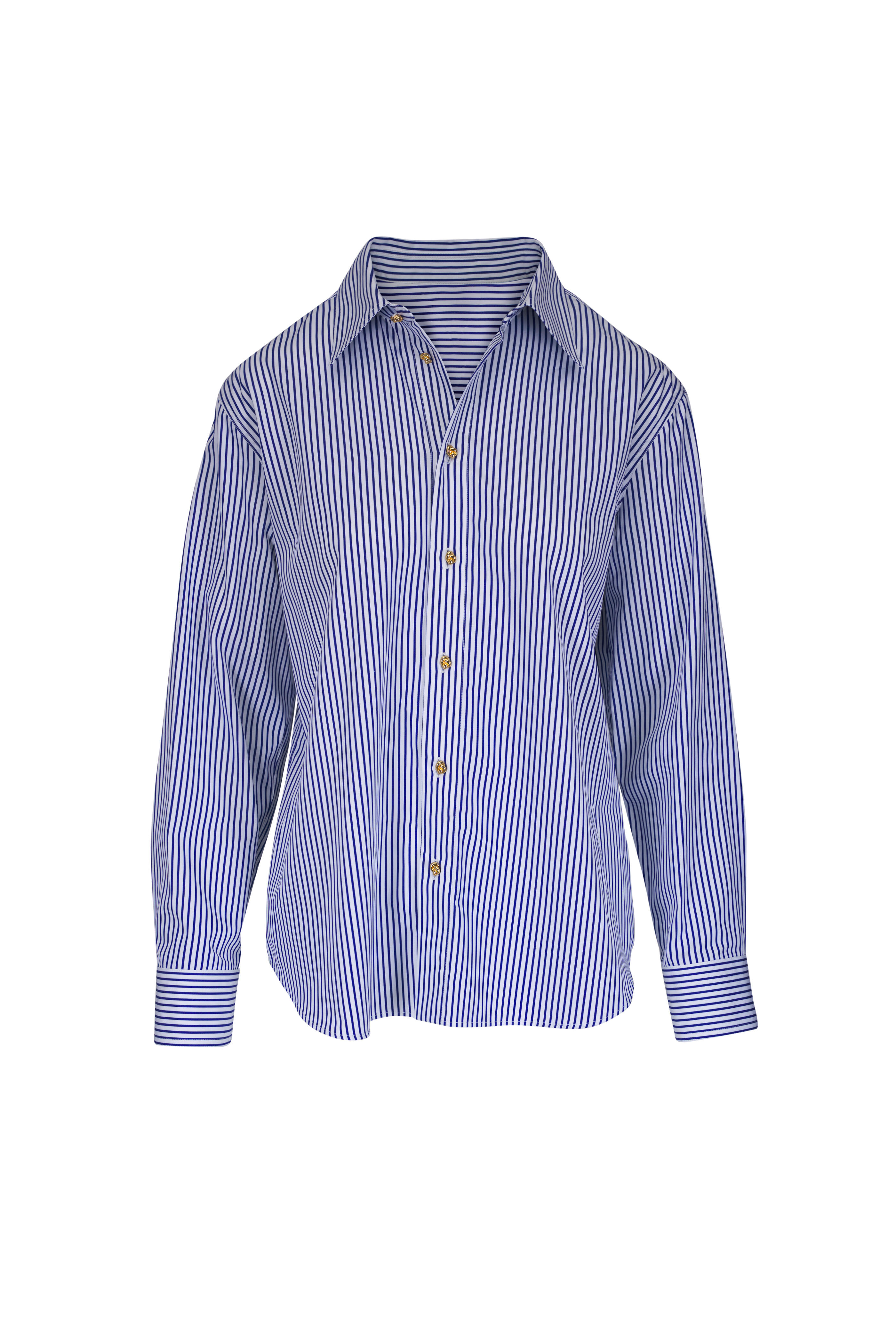 Bottega Veneta - White & Navy Pinstripe Cotton Poplin Shirt
