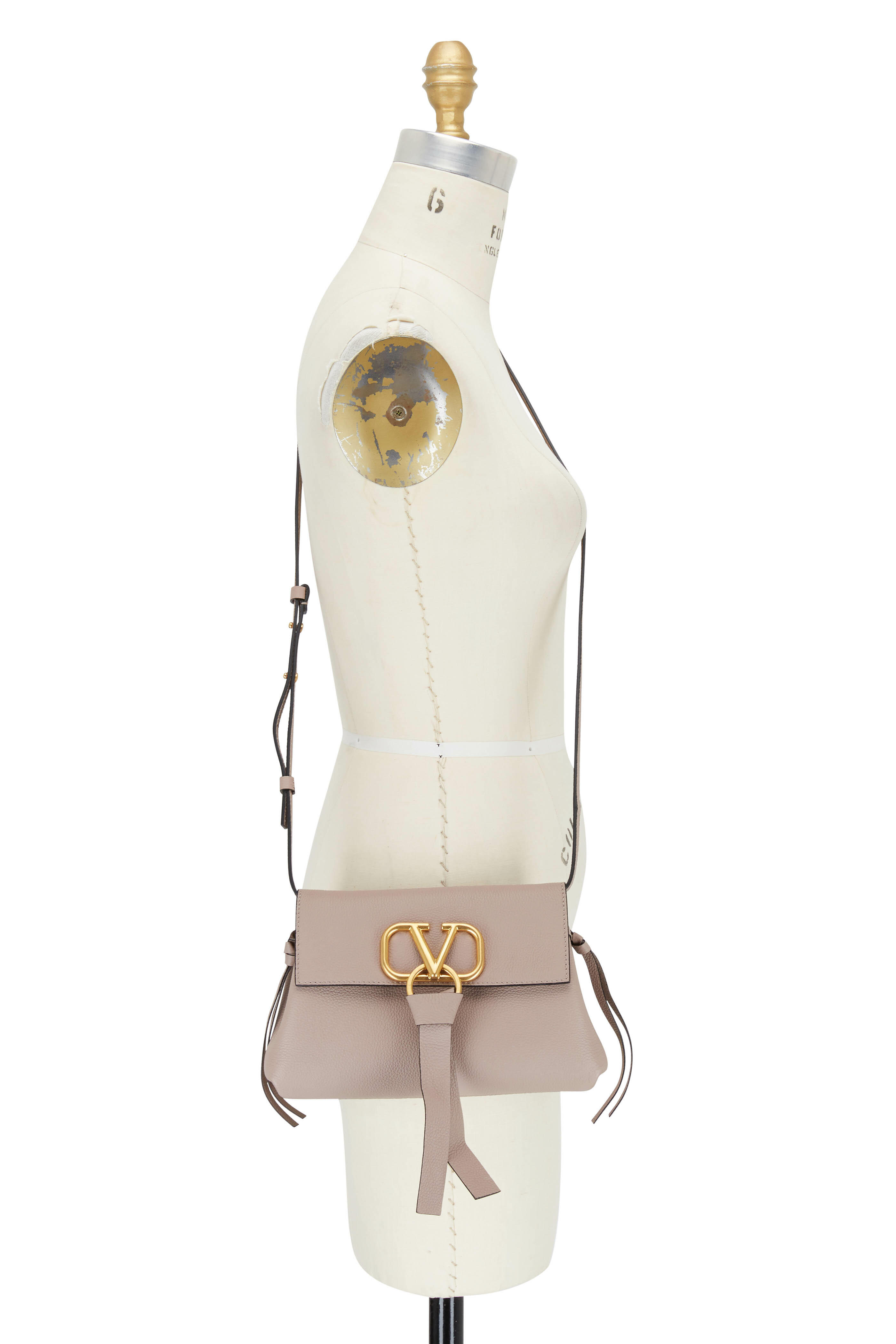 Valentino Beige Poudre Grained Leather VRing Flap Shoulder Bag at