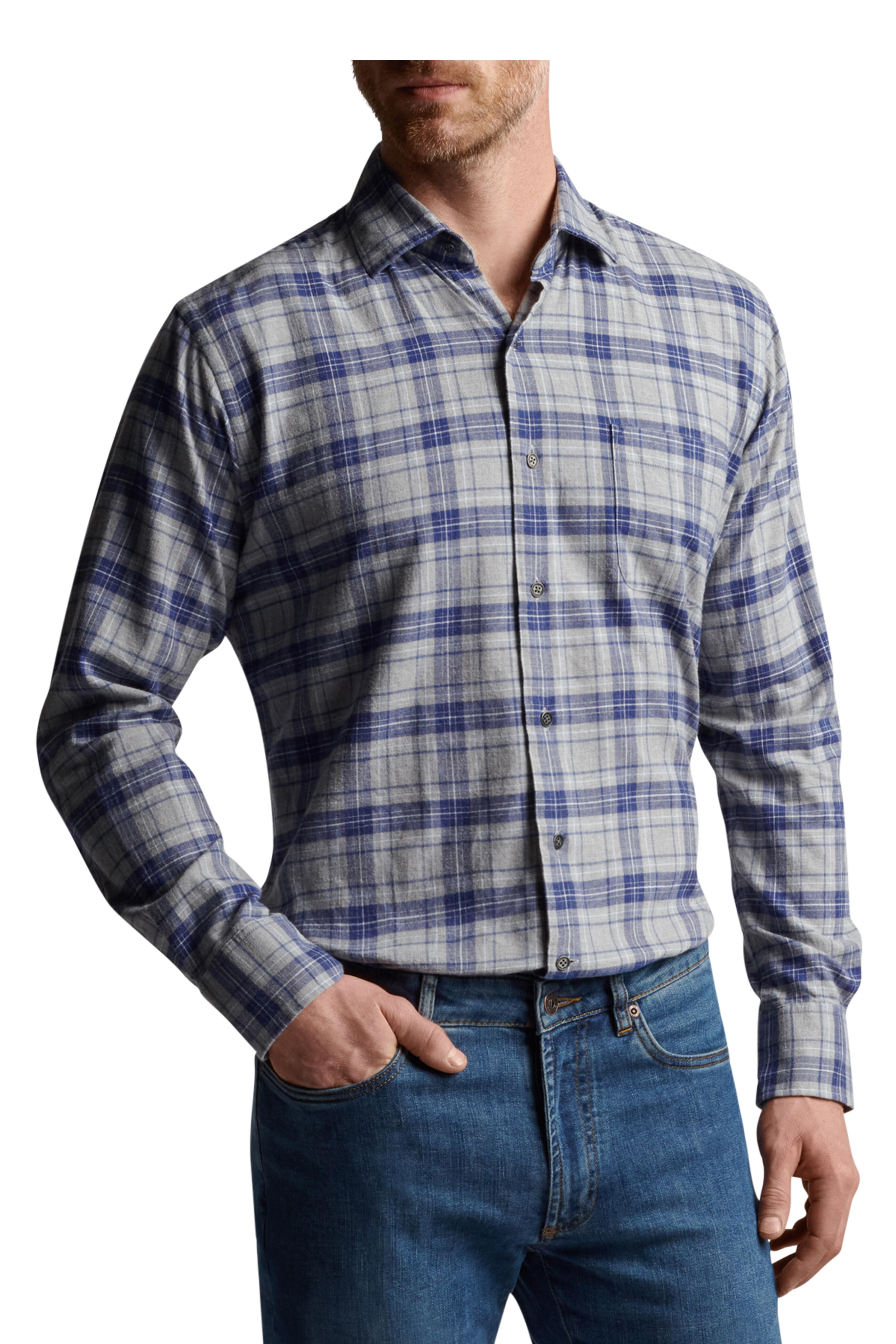 Peter Millar Mountain Gray Eagle Chase Plaid Cotton Sport Shirt