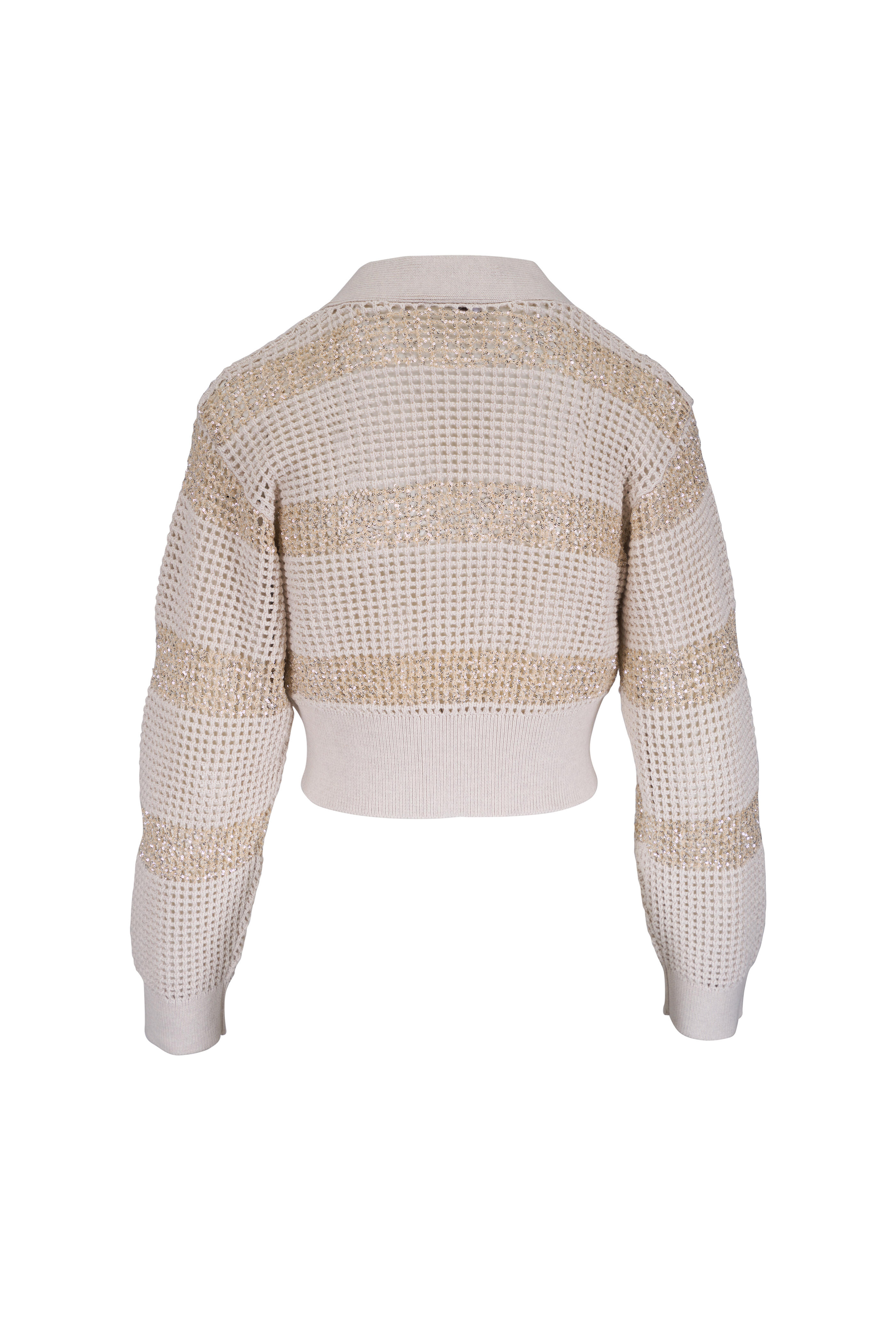 Brunello Cucinelli - Oat Paillette Embellished Stripe Net Cardigan