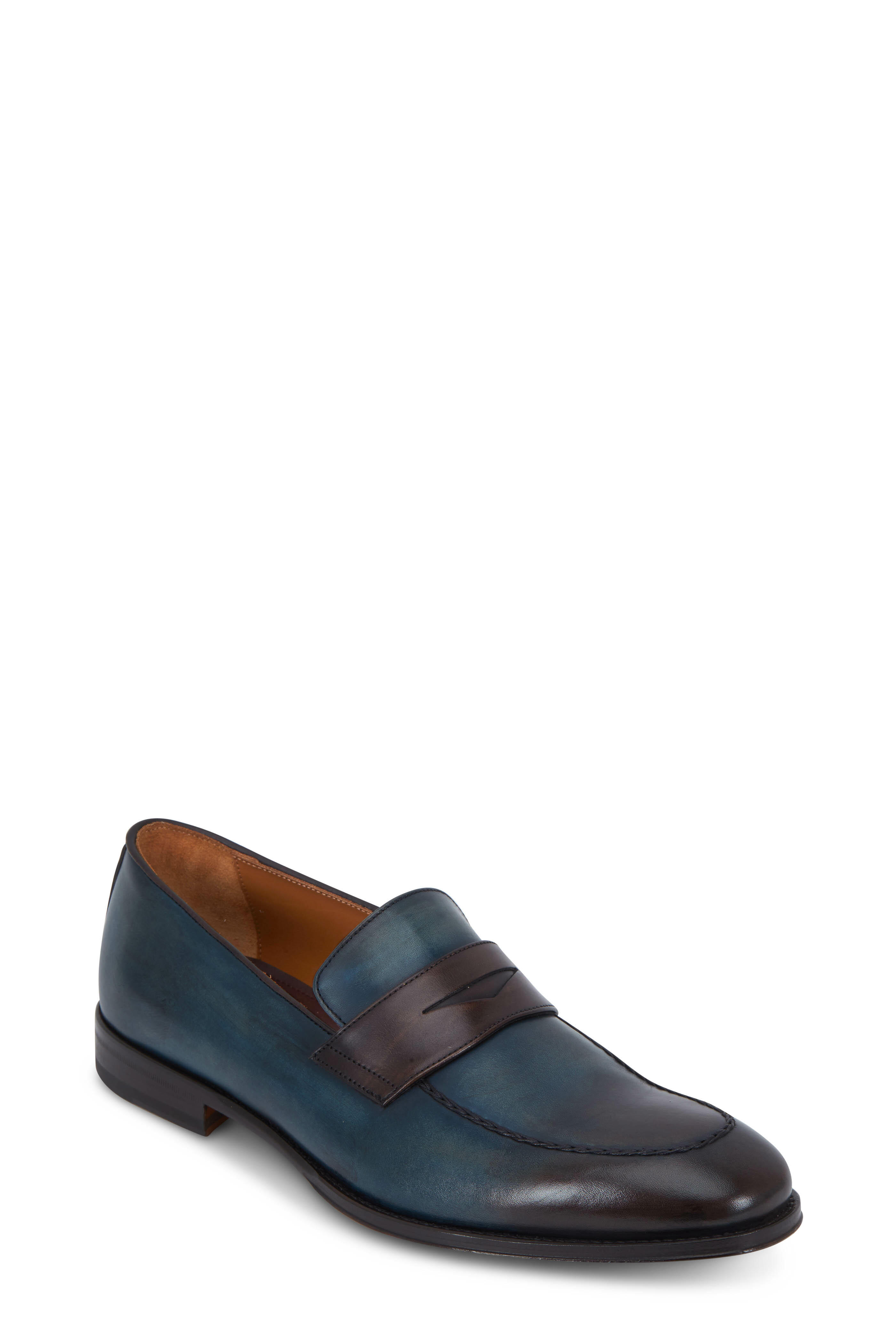 Bruno Magli Fanetta Blue Dark Brown Burnished Leather Loafer