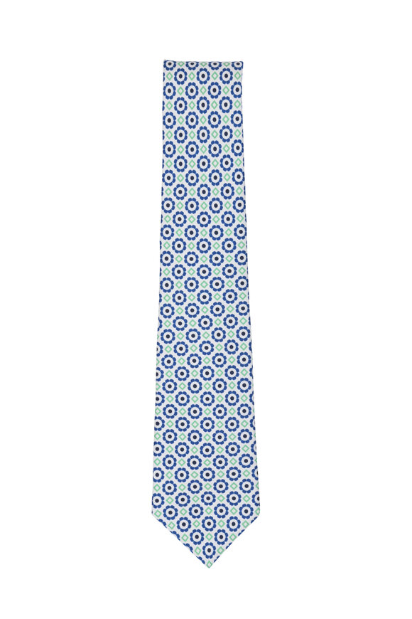 Kiton - White & Navy Blue & Green Floral Necktie