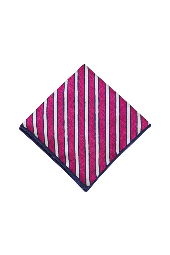 Brunello Cucinelli Red, Navy & White Stripe Silk Pocket Square - view 1