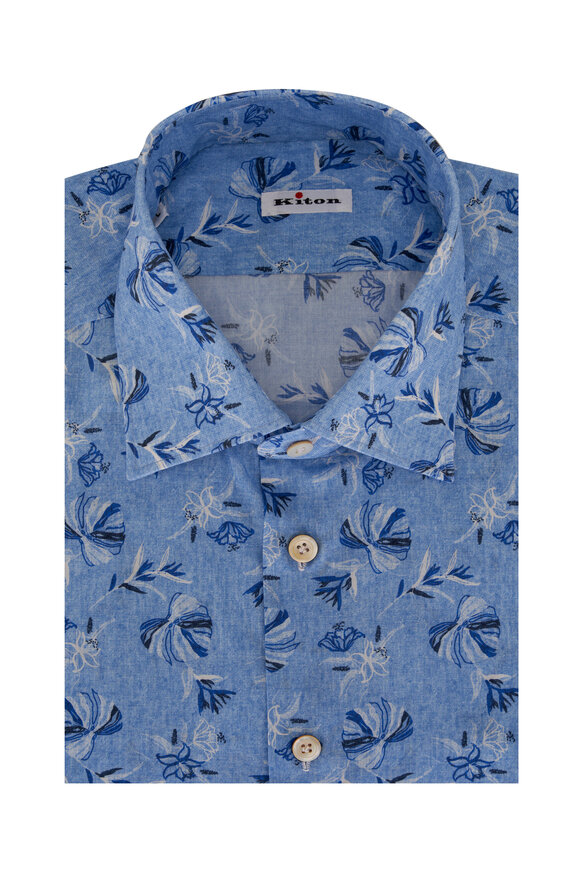 Kiton - Blue Floral Leaf Print Woven Cotton Sport Shirt 