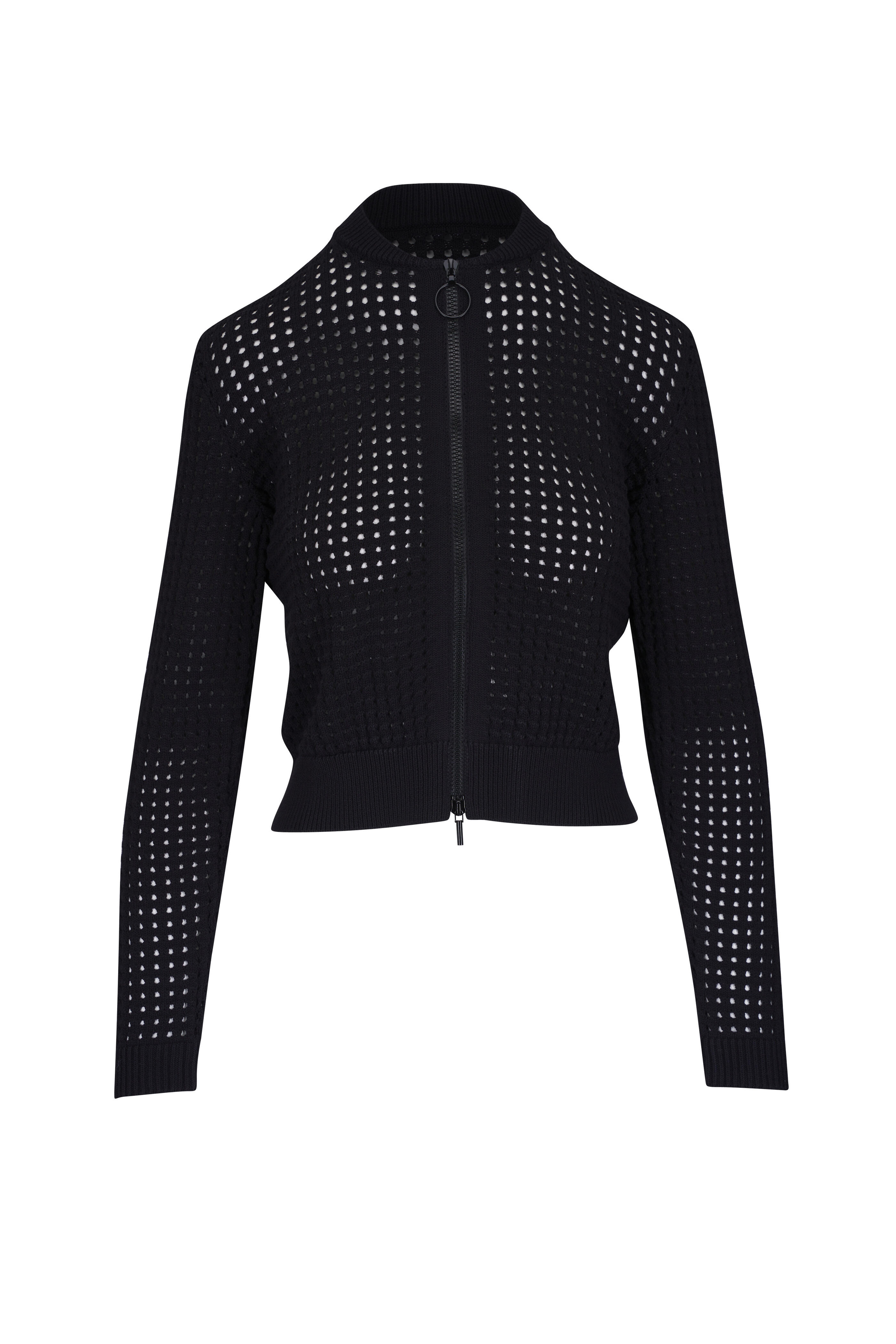 AKRIS - AKRIS アクリス　カシミヤ100% カーディガン　ブラック　黒　ジャケット Akris Punto - Black Front Zip Chunky Cotton Mesh Bomber