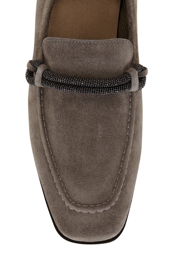 Mocassins Femme Brunello Cucinelli - Daim Gris, Décorés De Monili, Pointure 37.5 - Neuf Avec Emballage