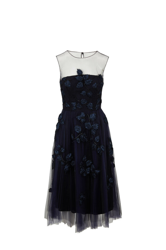 Carolina Herrera - Caroline Navy Tulle Embroidered Cocktail Dress