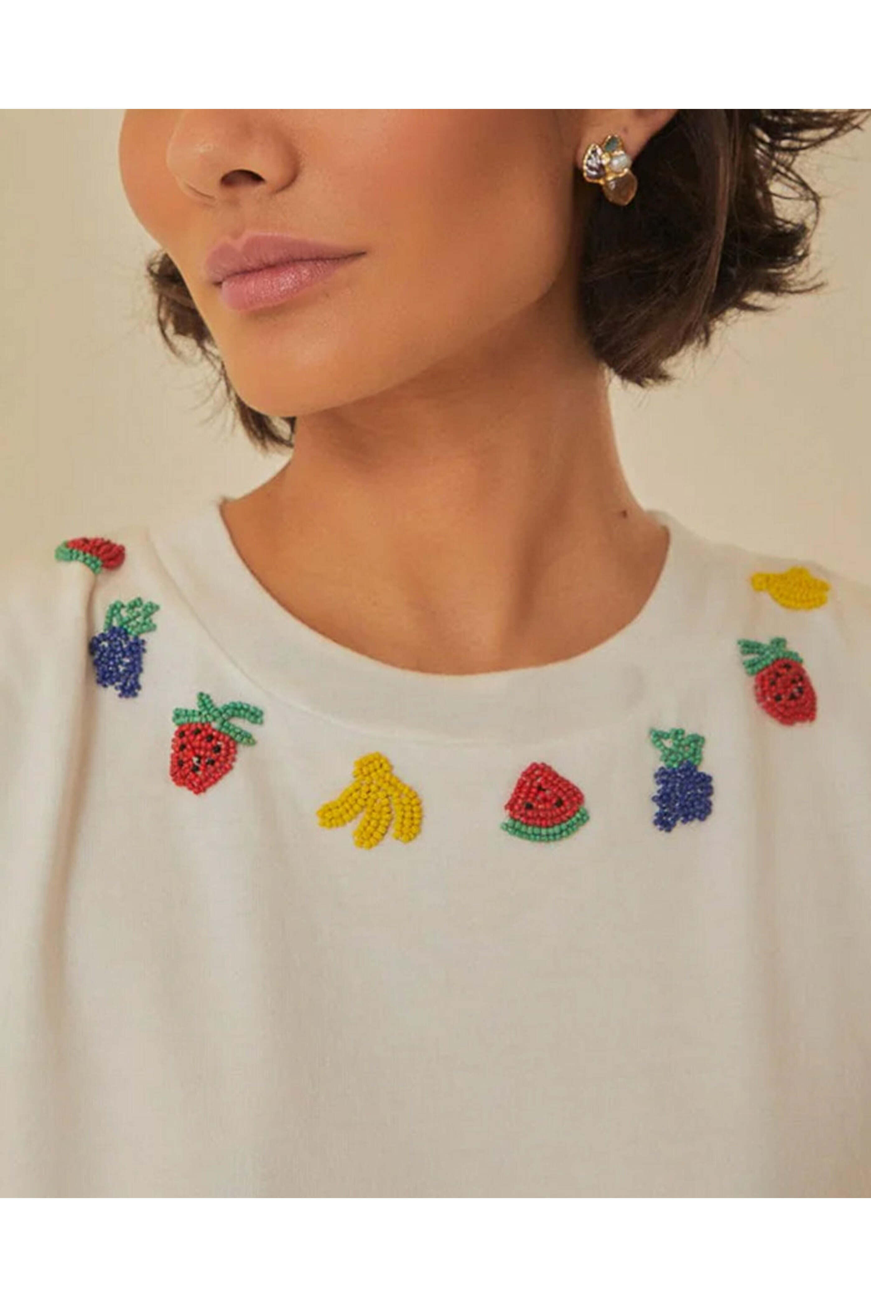 Farm Rio - White Beaded Fruit Embellished T-Shirt