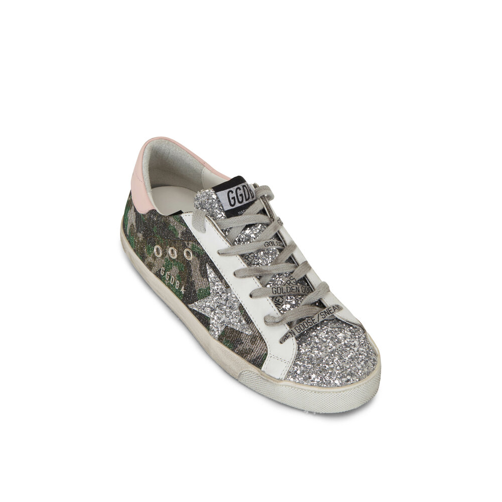 Golden Goose Super-Star Green Camo Glitter Star Low-Top Sneaker