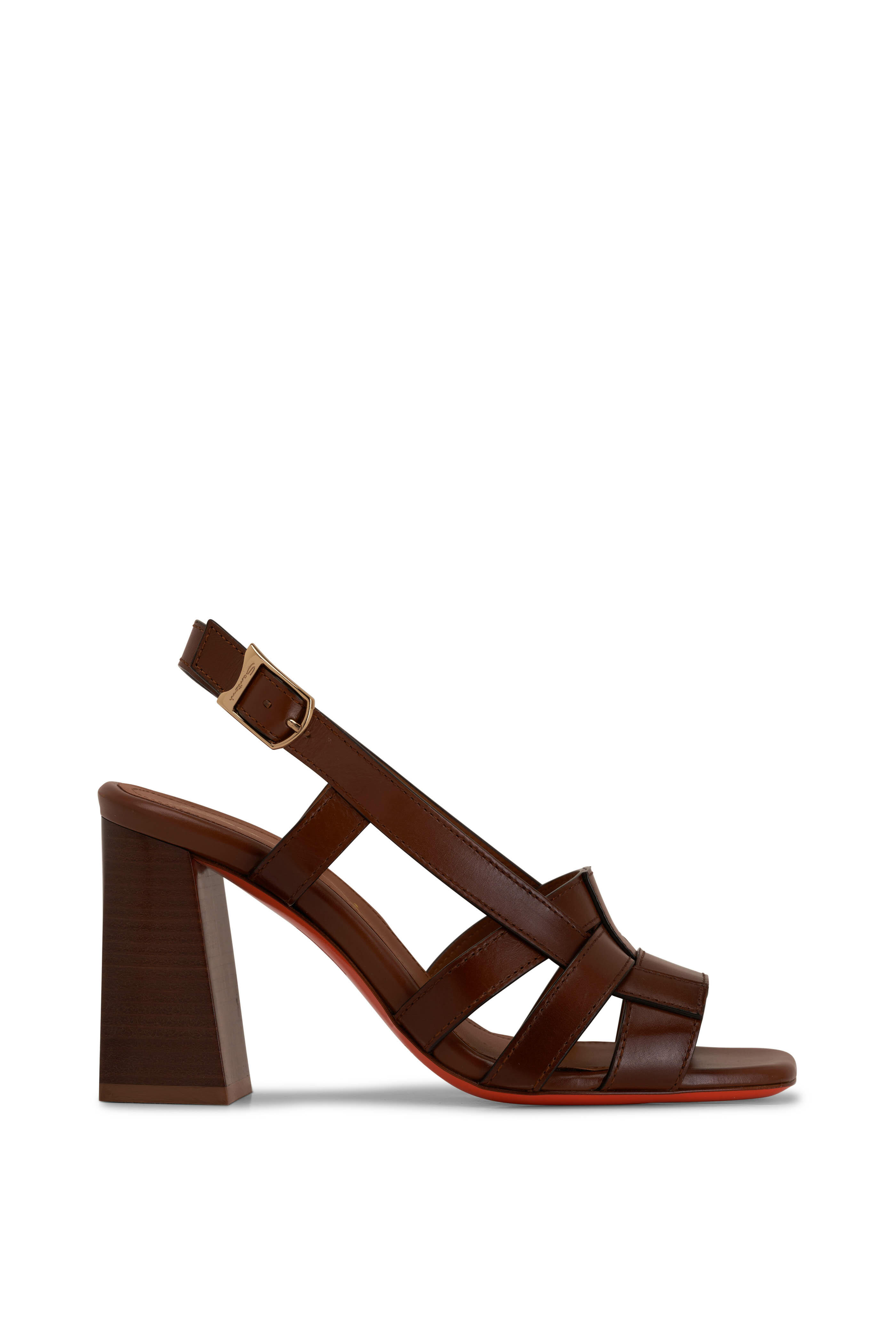 Santoni - Venere Light Brown Leather Block Heel Sandal, 85mm