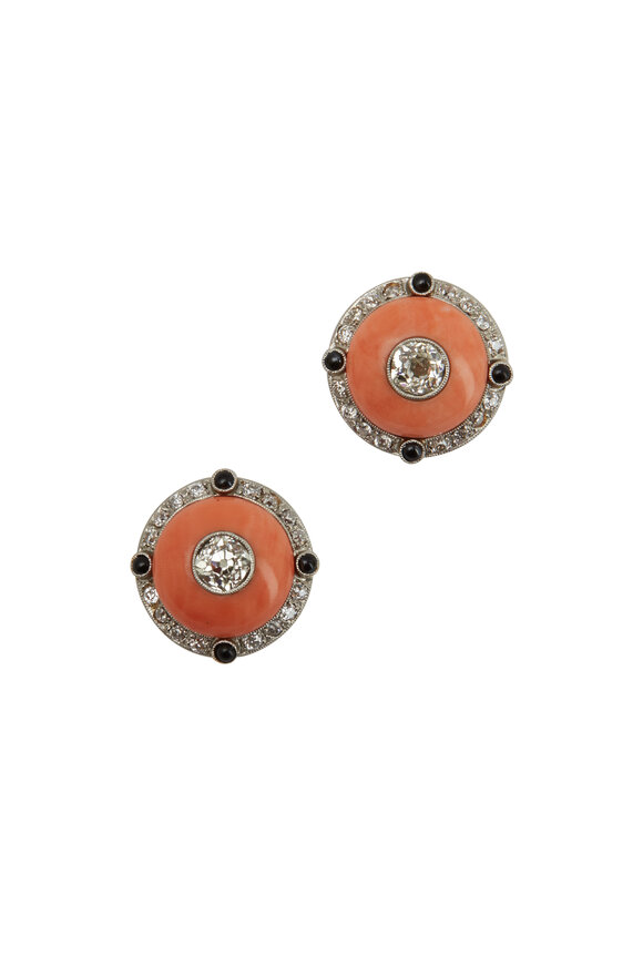 Fred Leighton - Gold & Platinum Coral Onyx Diamond Button Earrings