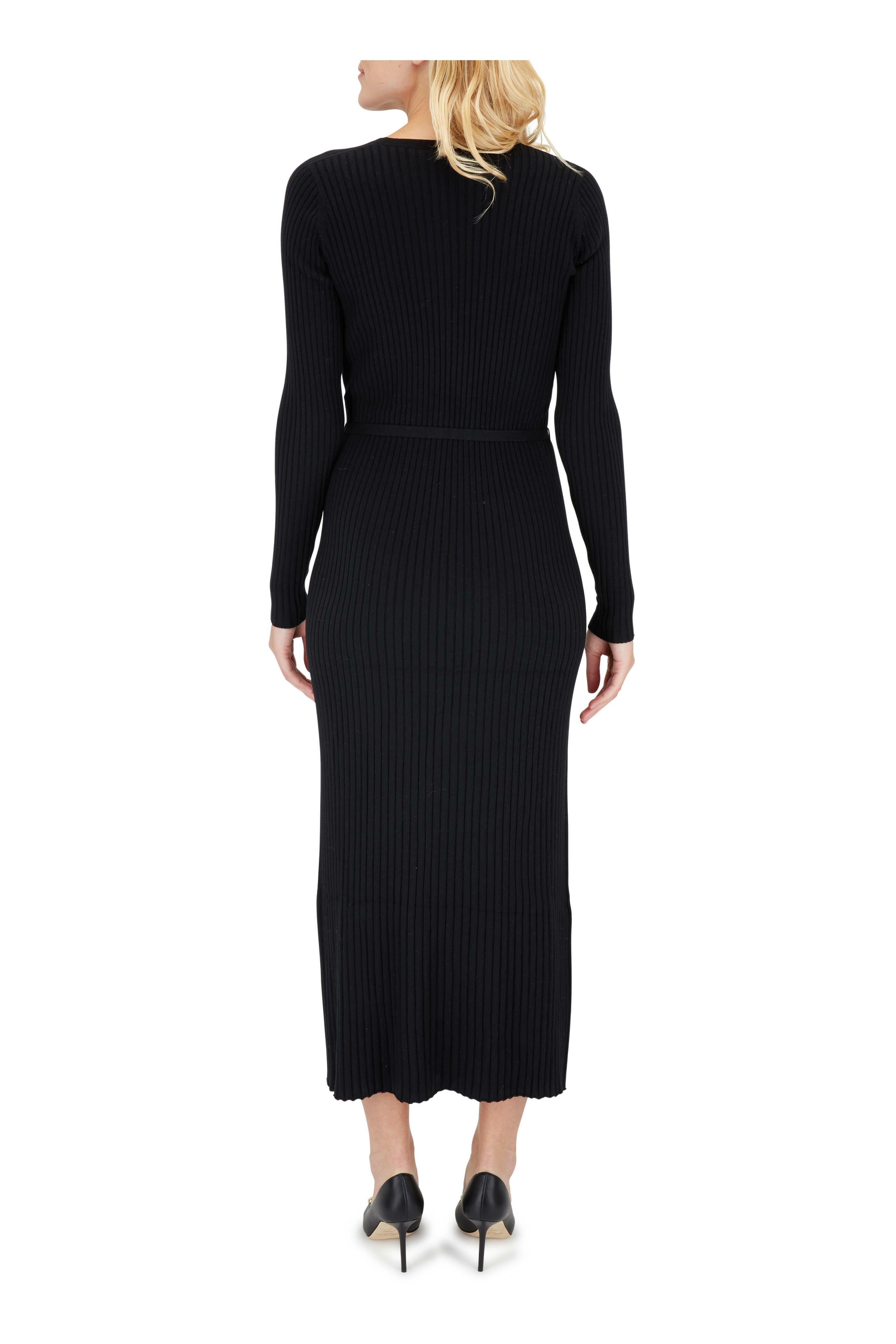 Gabriela Hearst - Luisa Black Ribbed Knit Long Sleeve Belted Dress