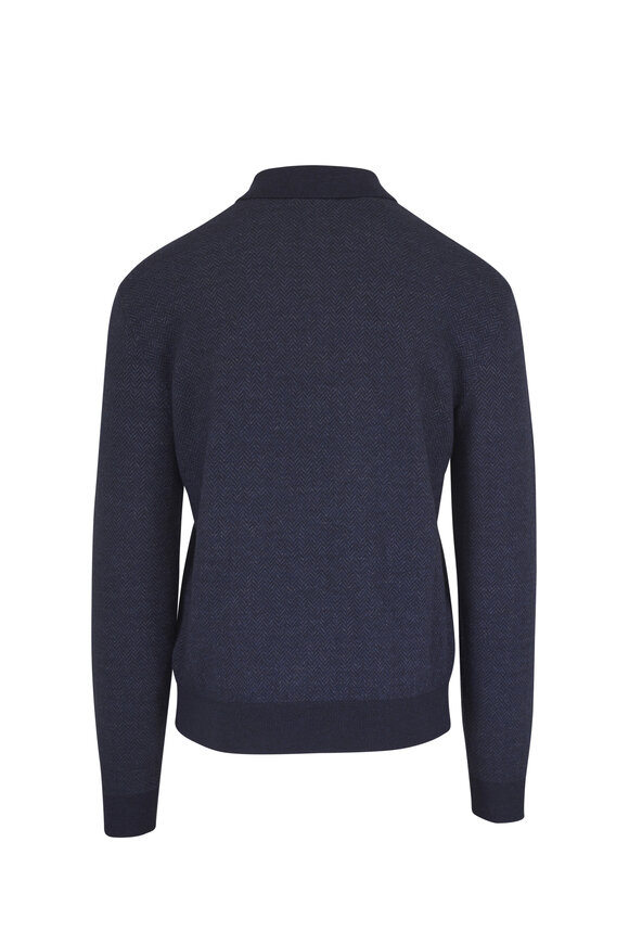 Ralph Lauren Purple Label Navy Blue Textured Linen & Cashmere Polo Sweater - view 2
