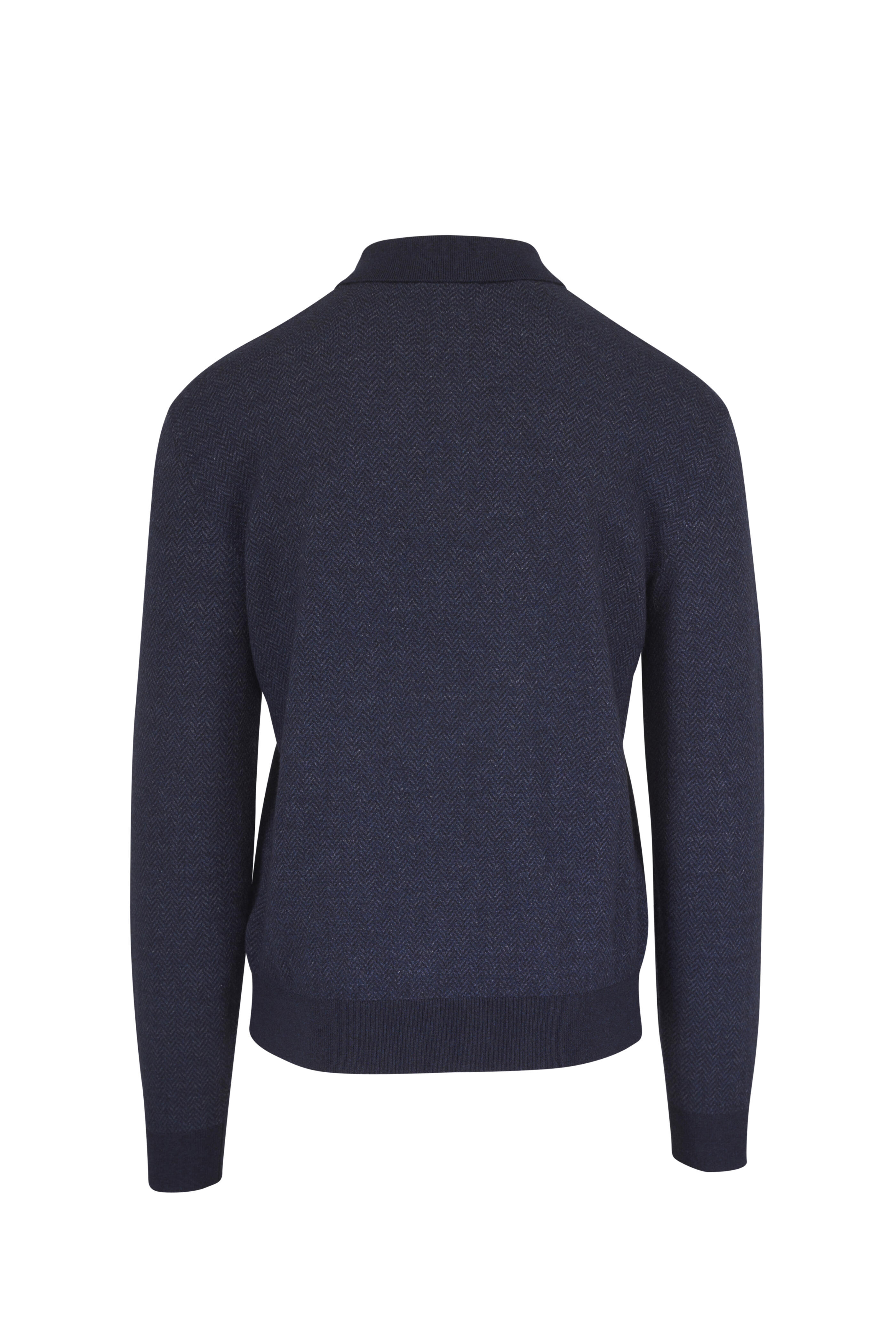 Ralph Lauren Purple Label - Navy Blue Textured Linen & Cashmere Polo Sweater - view 2