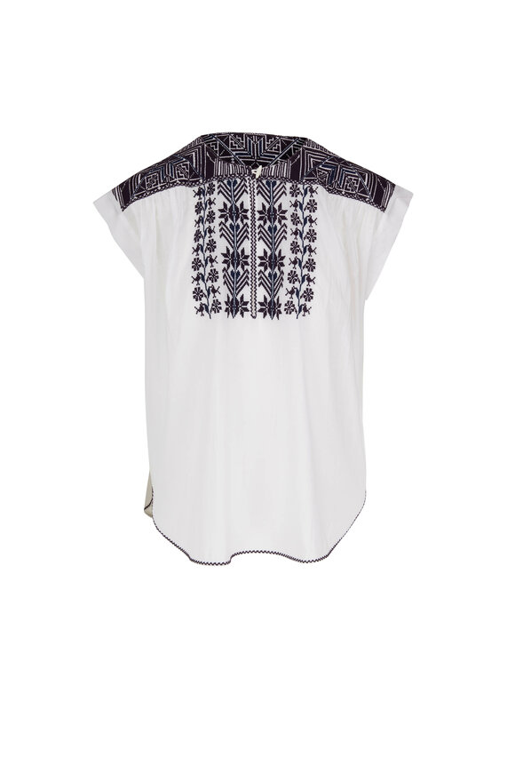 Nili Lotan - Aurielle Ivory With Blue Embroidery Top