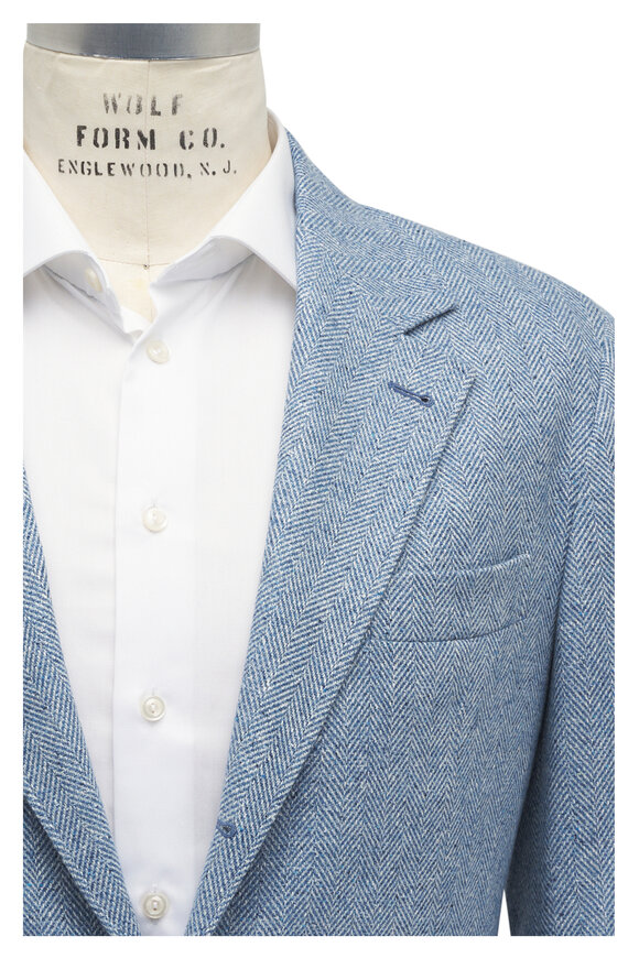 Brunello Cucinelli Blue Herringbone Wool, Silk & Cashmere Sportcoat 