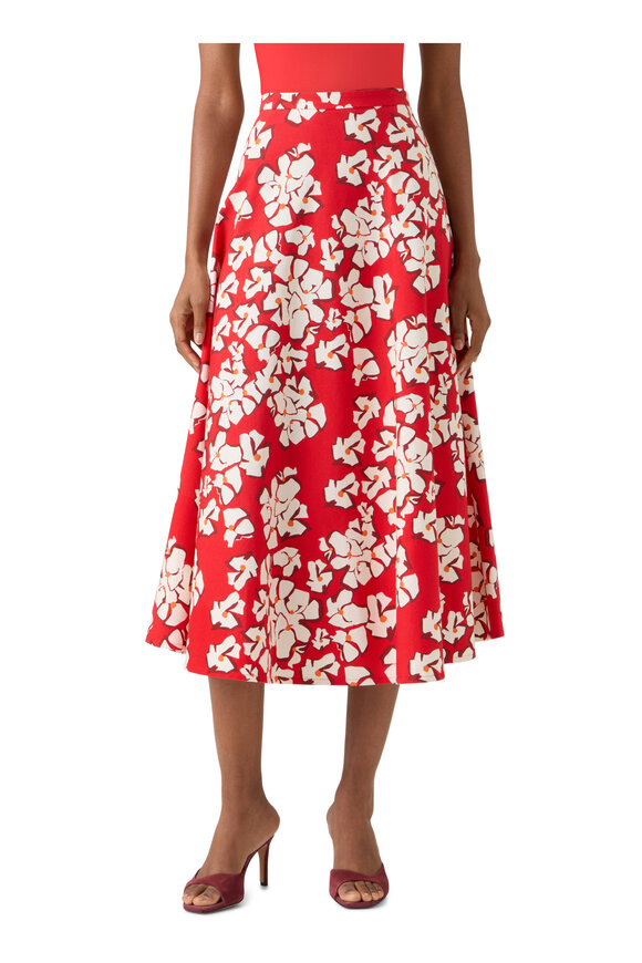 Akris Punto Red & Cream Large Flower Print Midi Skirt - view 2