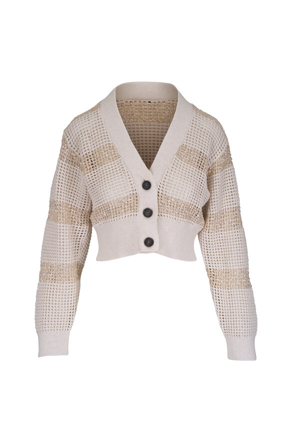 Brunello Cucinelli Oat Paillette Embellished Stripe Net Cardigan - view 1