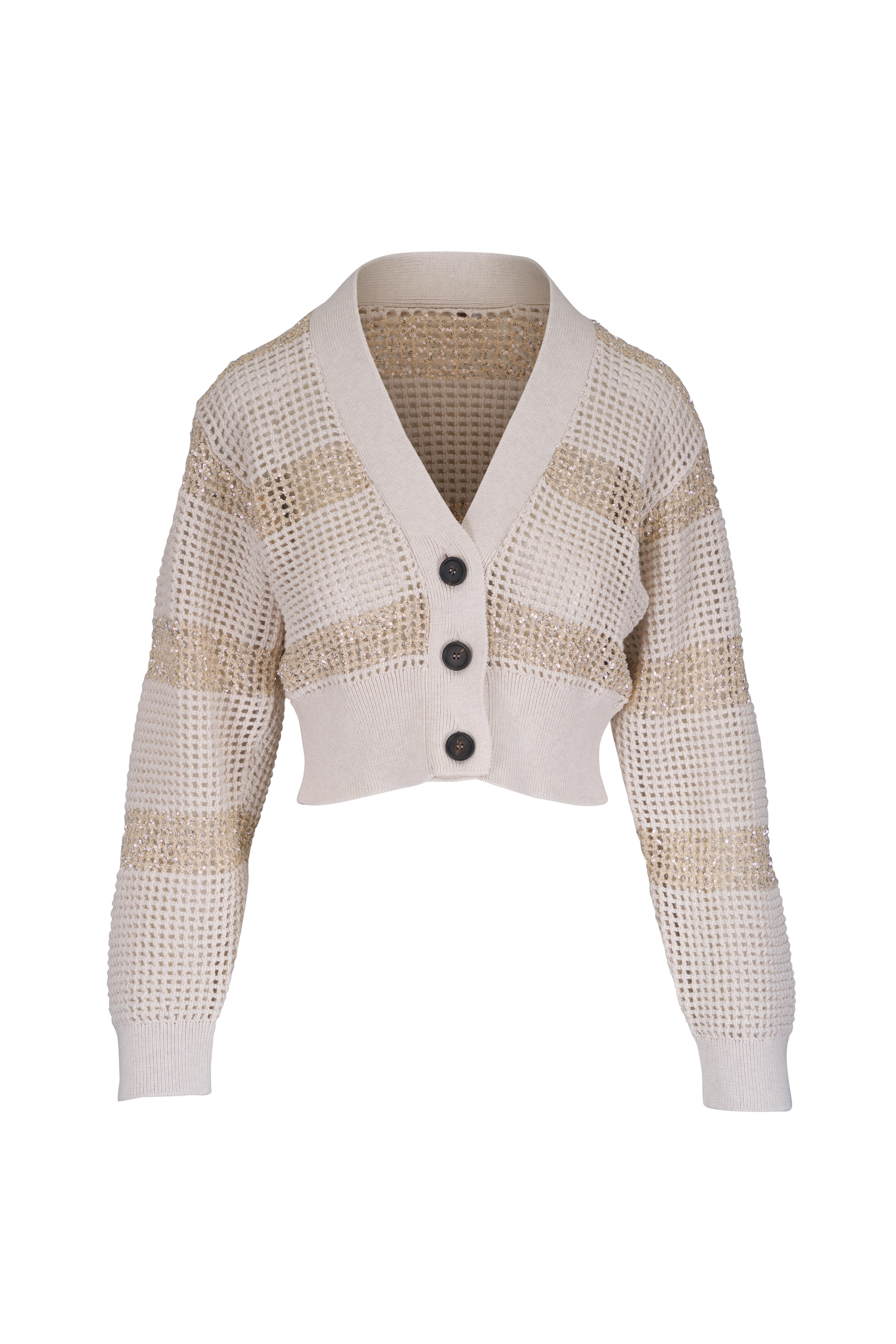 Brunello Cucinelli - Oat Paillette Embellished Stripe Net Cardigan