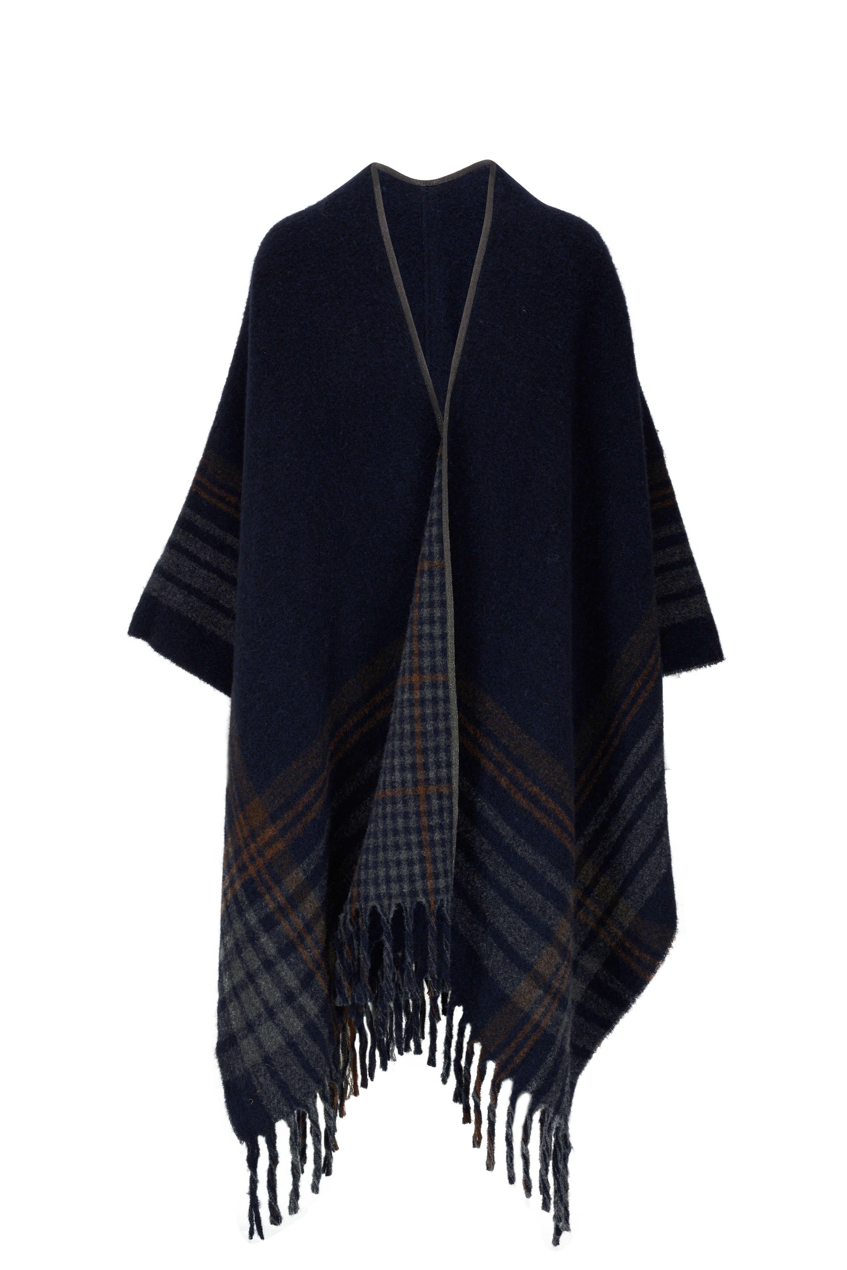 Brunello Cucinelli - Navy, Orange & Gray Plaid Fringe Hem Poncho